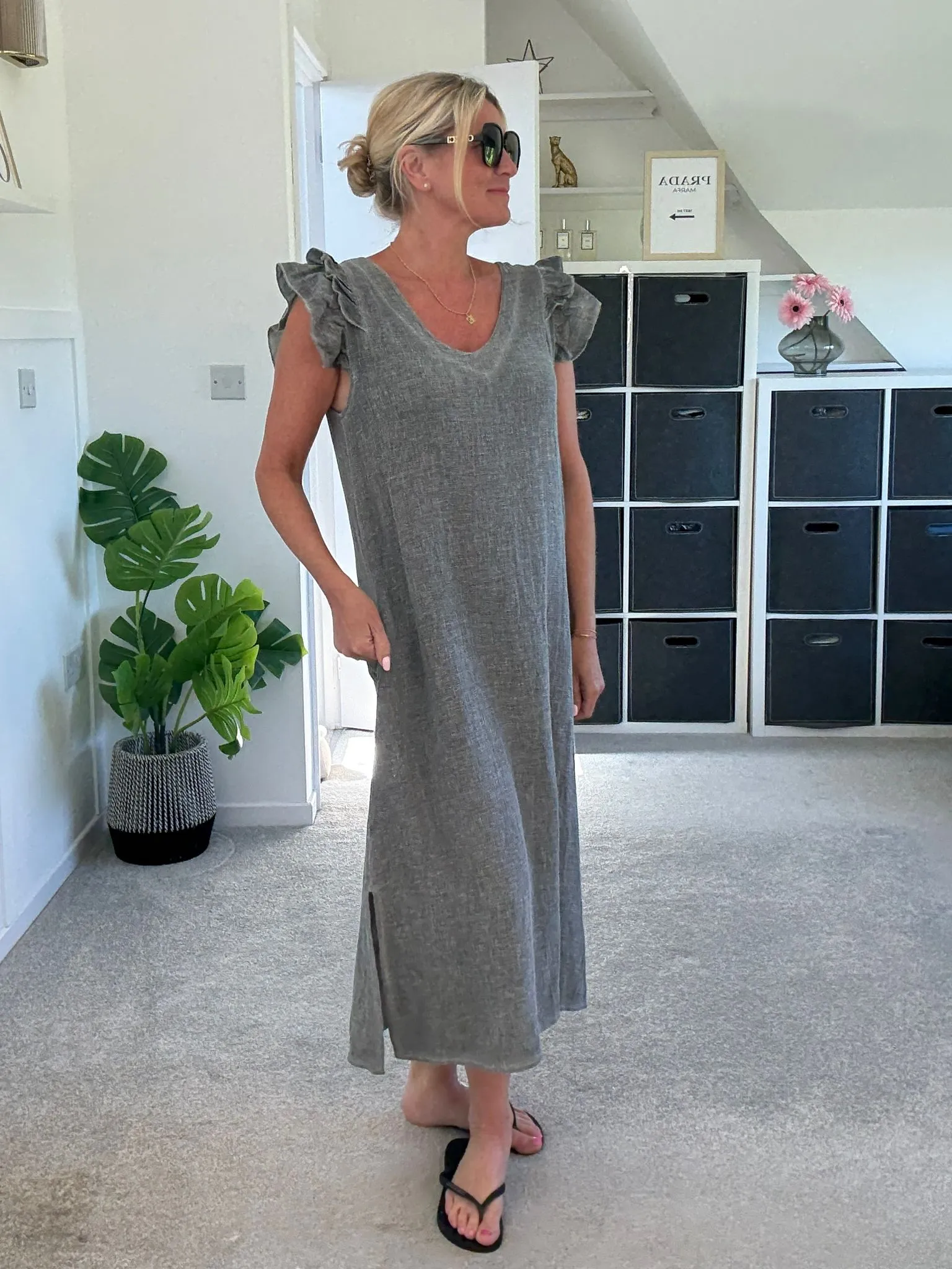 Dark Grey Washed Linen Frill Sleeve V-Neck Dress