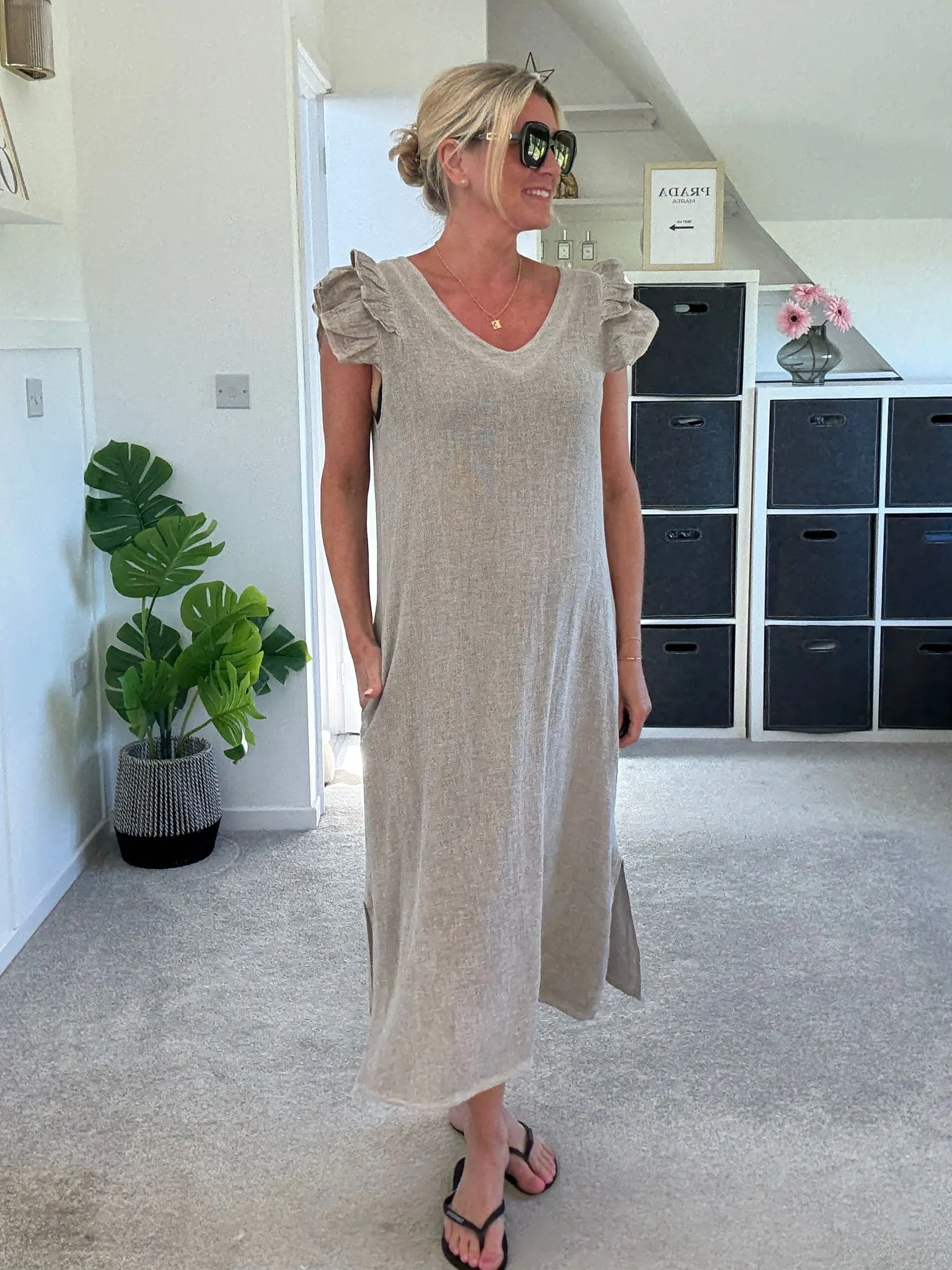 Dark Grey Washed Linen Frill Sleeve V-Neck Dress