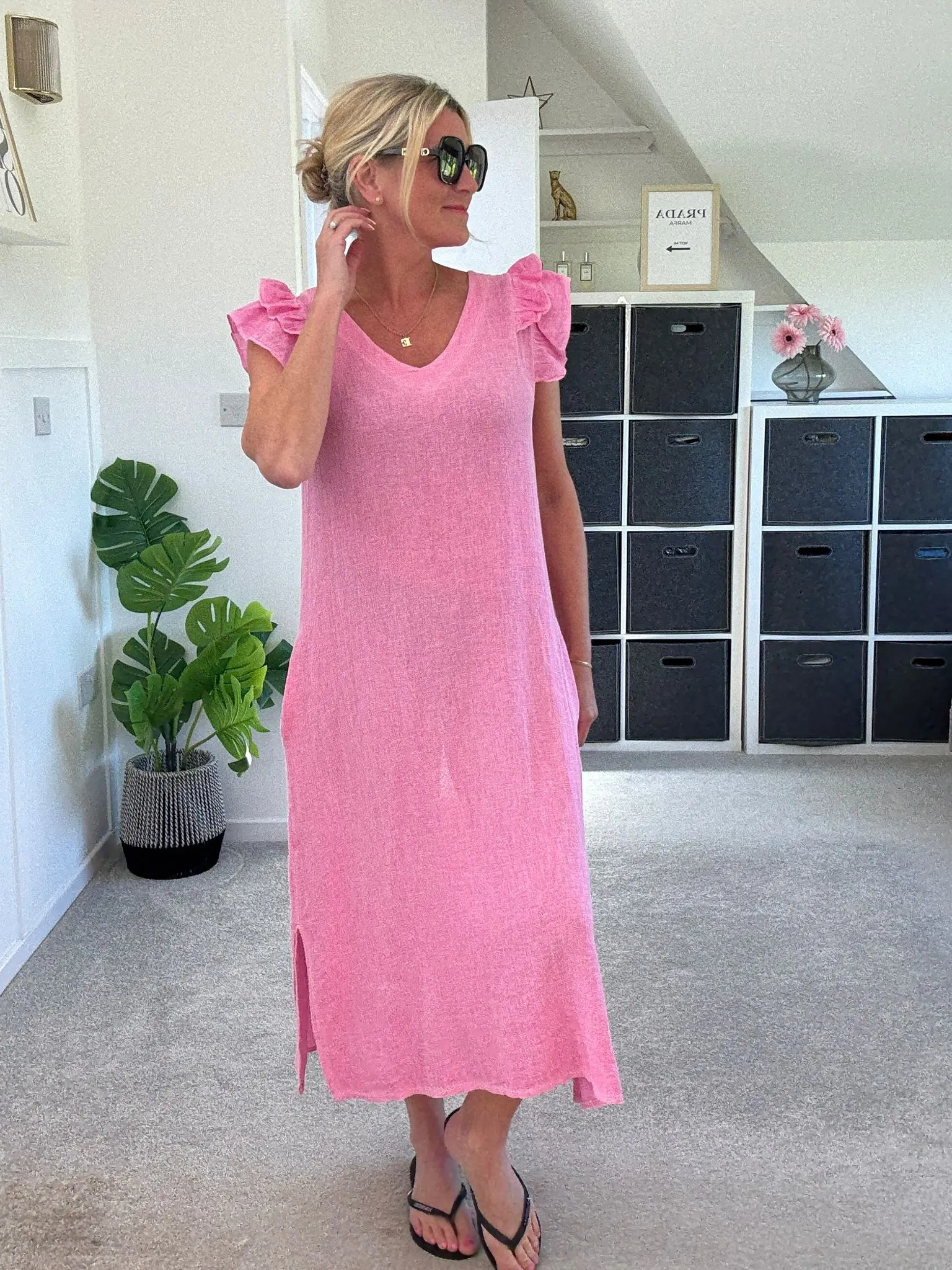 Dark Grey Washed Linen Frill Sleeve V-Neck Dress