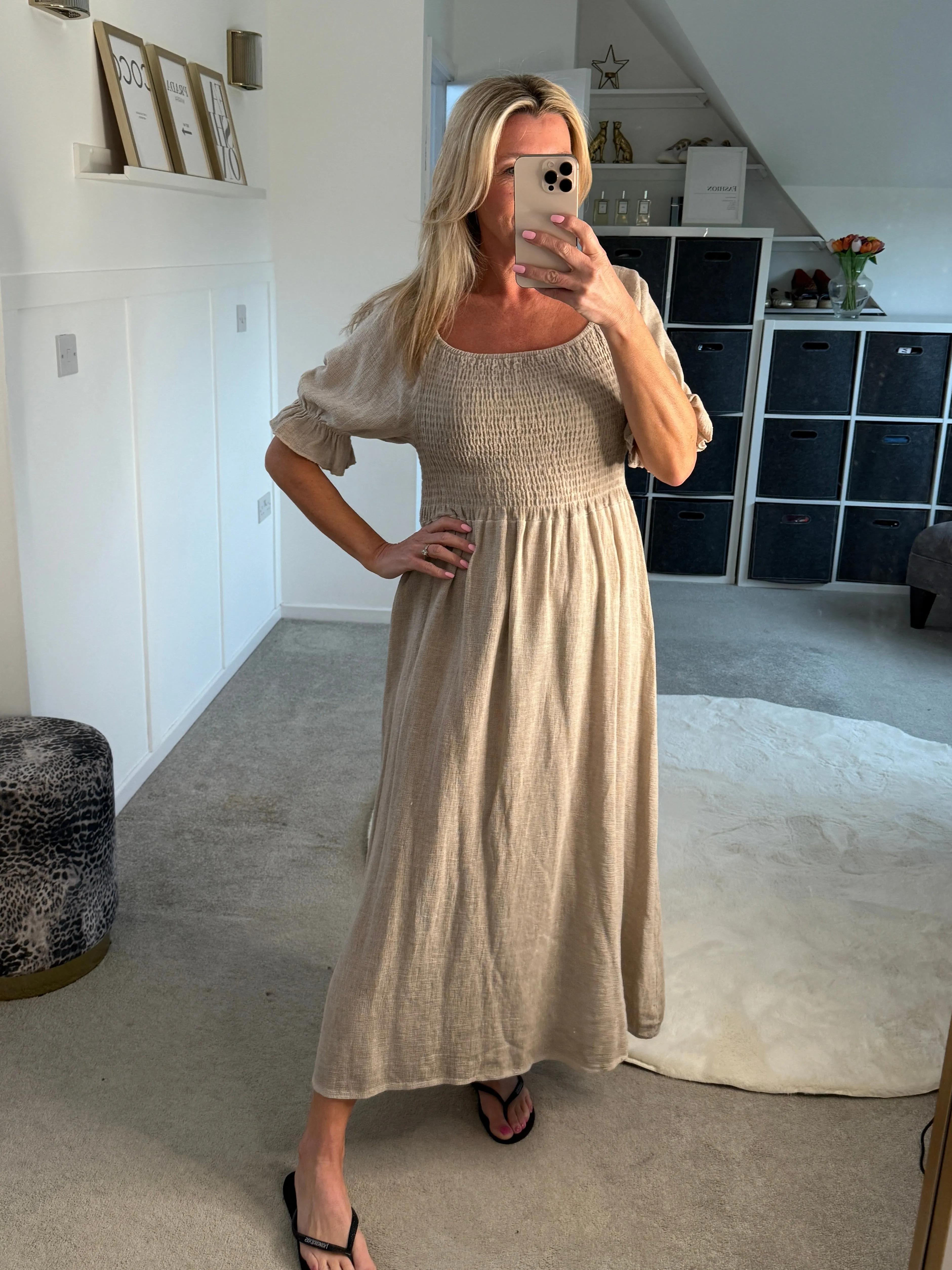 Dark Grey Washed Linen Shirred Midi Dress