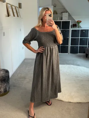 Dark Grey Washed Linen Shirred Midi Dress