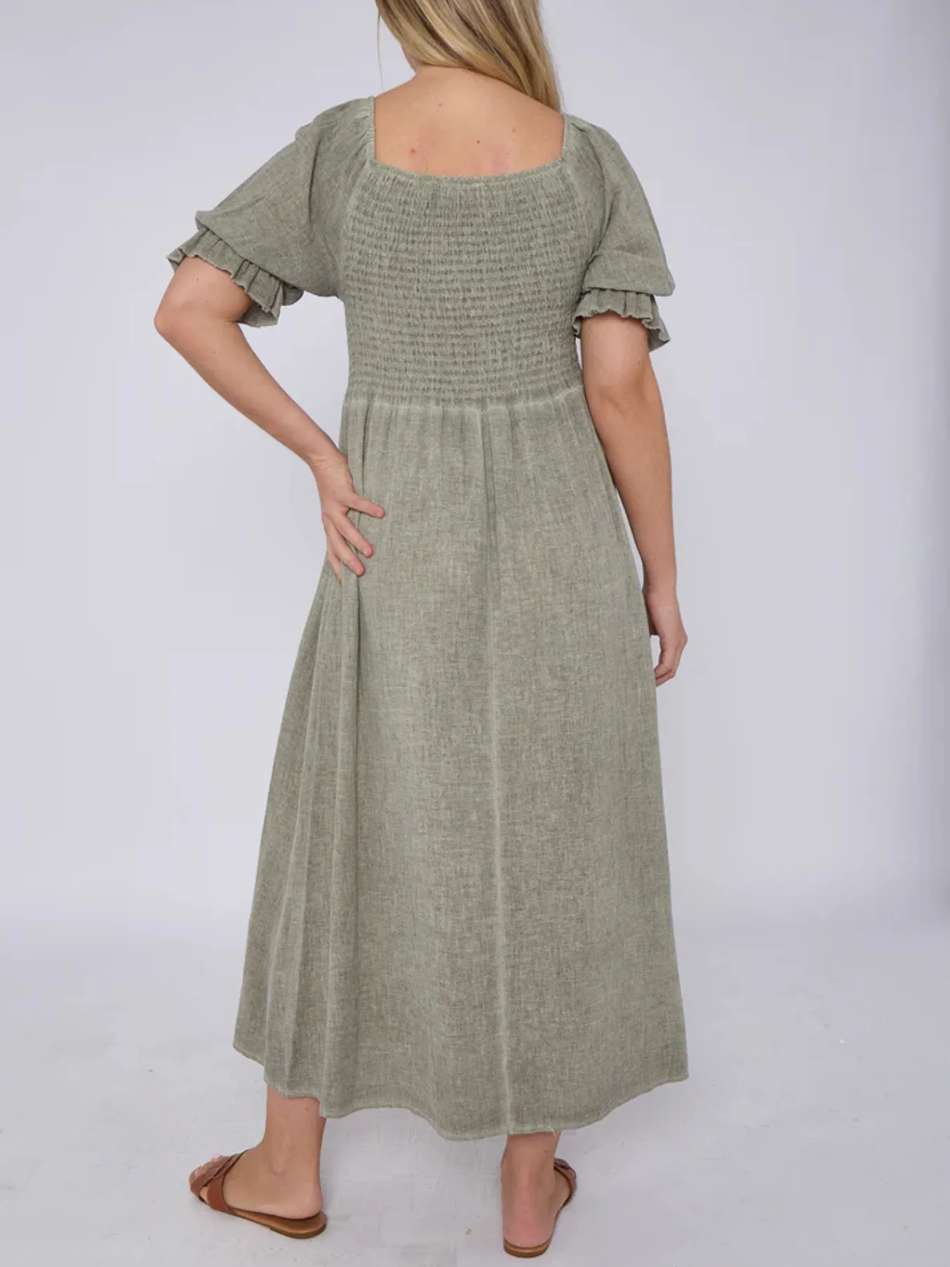 Dark Grey Washed Linen Shirred Midi Dress