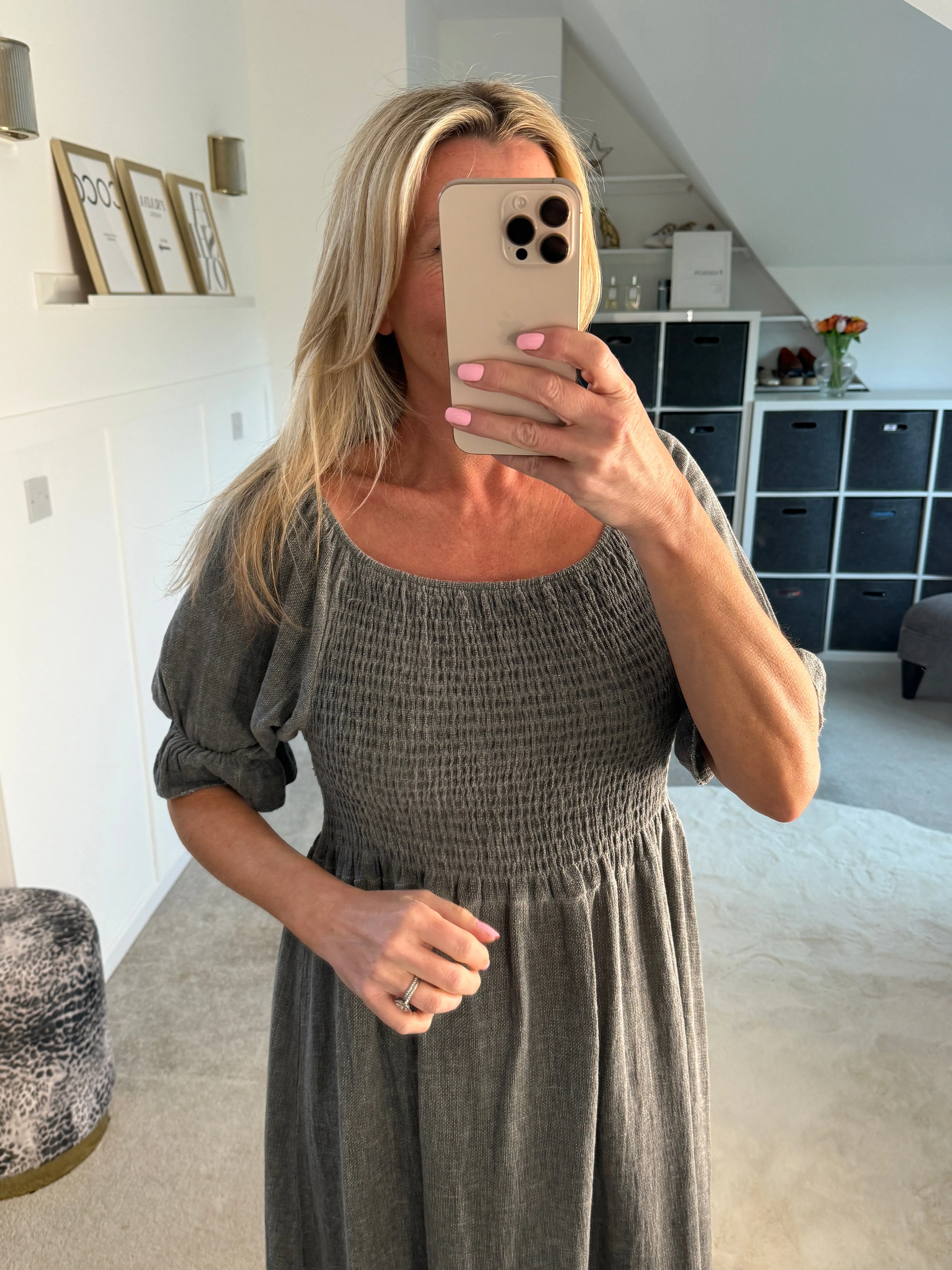 Dark Grey Washed Linen Shirred Midi Dress