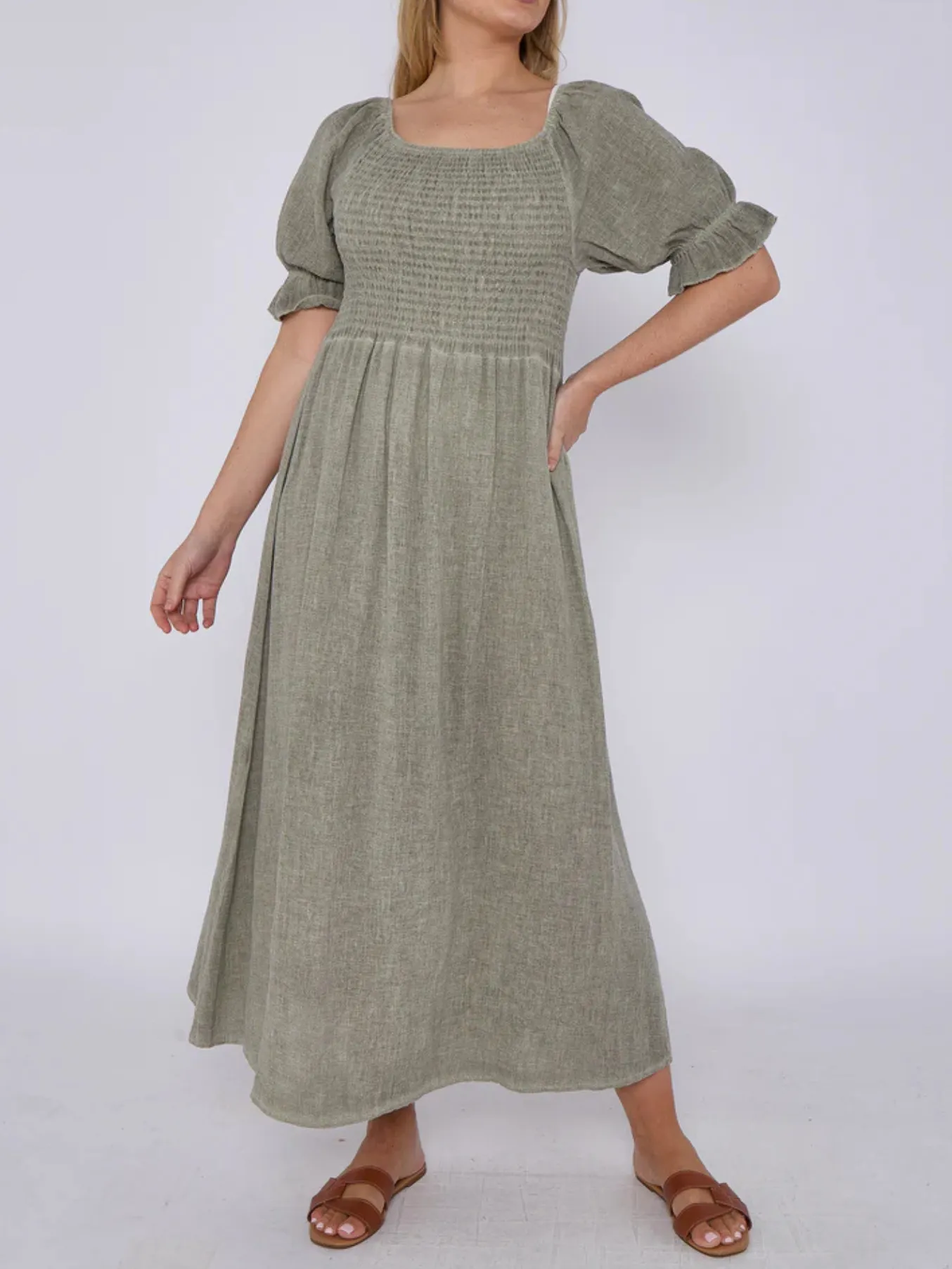 Dark Grey Washed Linen Shirred Midi Dress