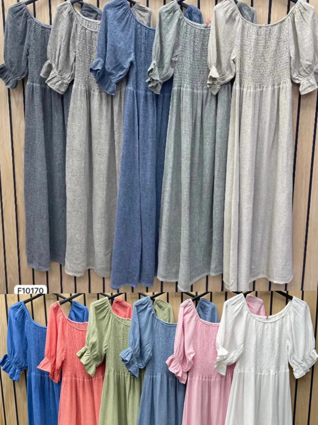 Dark Grey Washed Linen Shirred Midi Dress