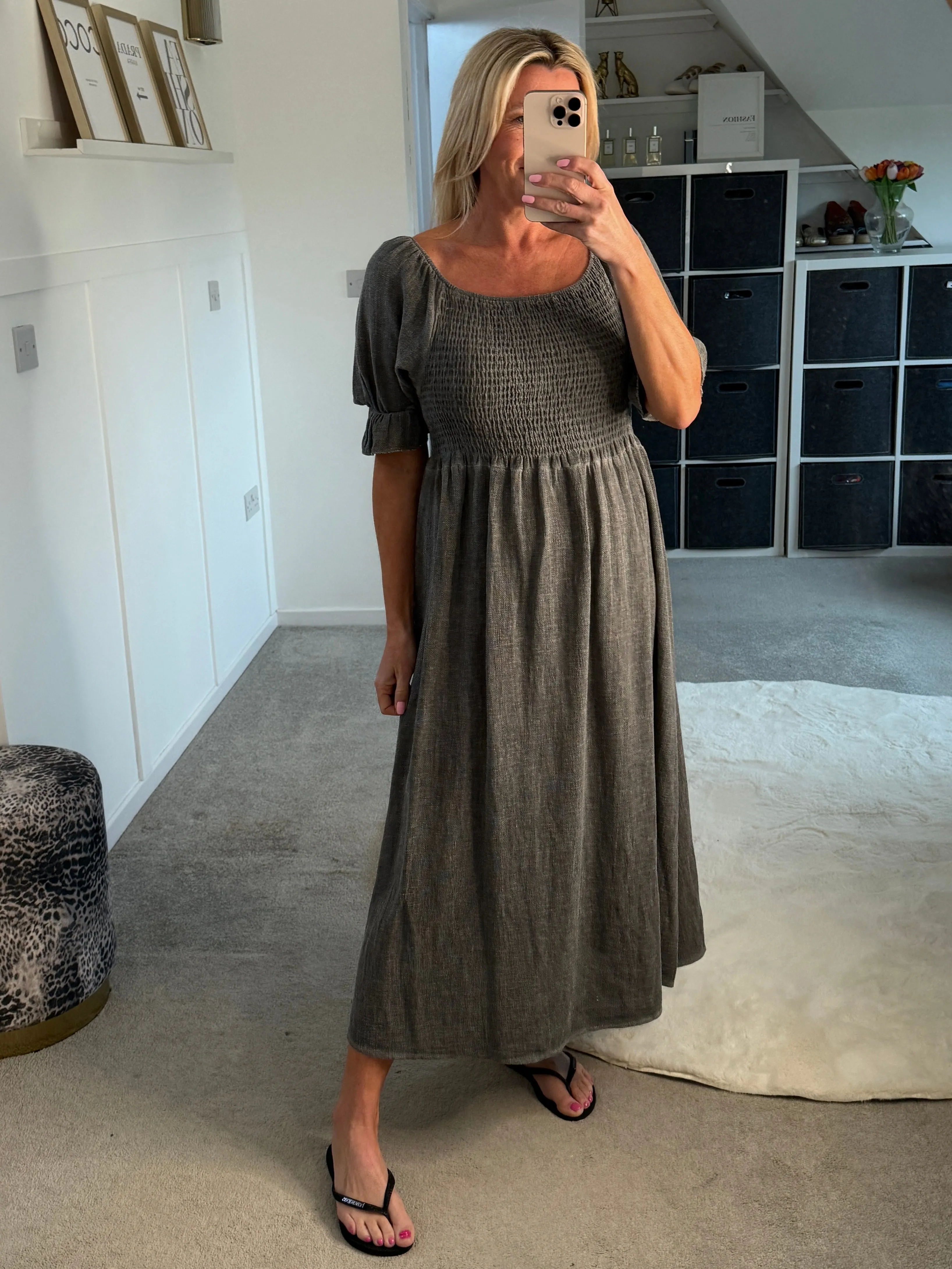 Dark Grey Washed Linen Shirred Midi Dress