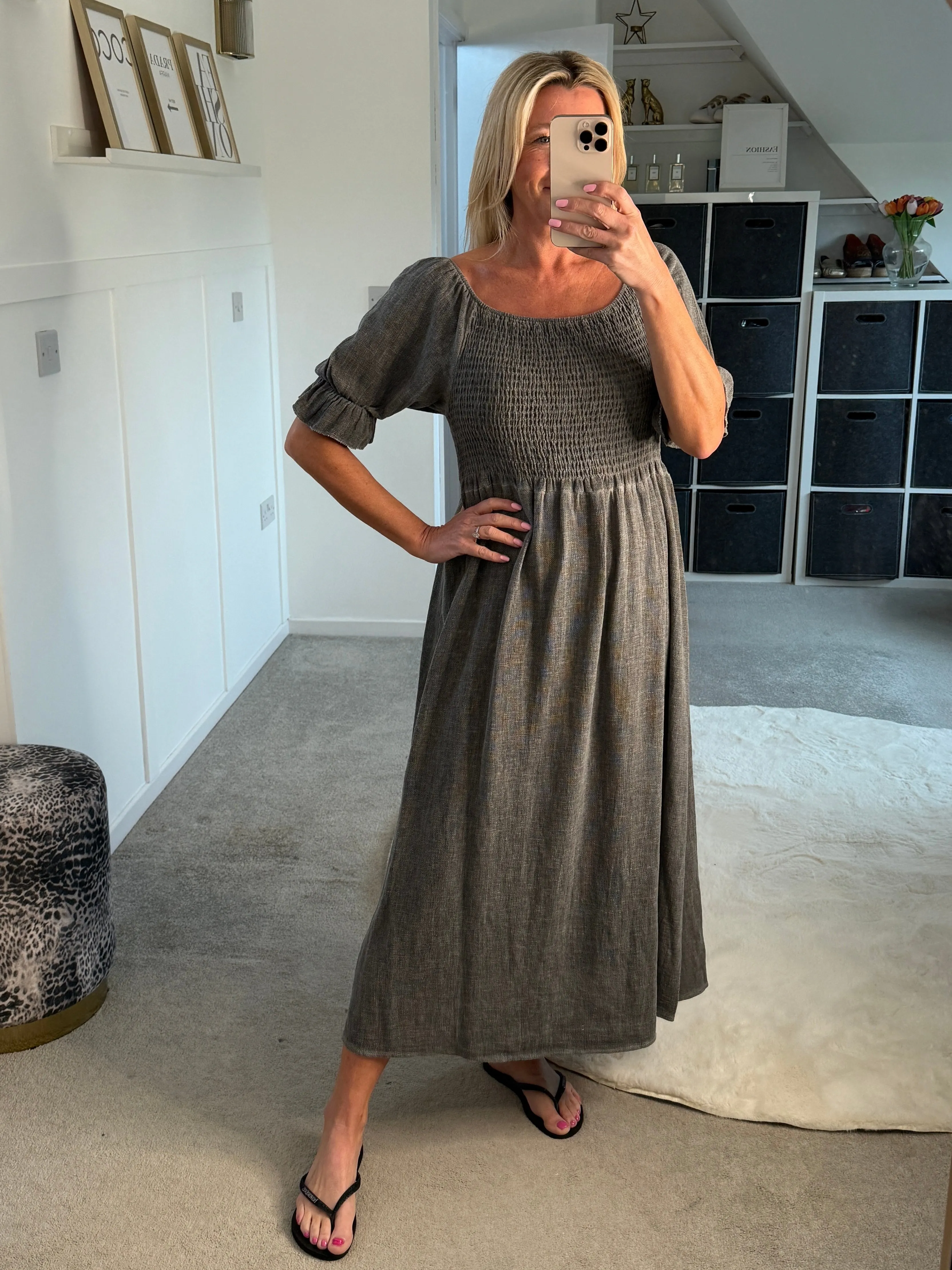 Dark Grey Washed Linen Shirred Midi Dress