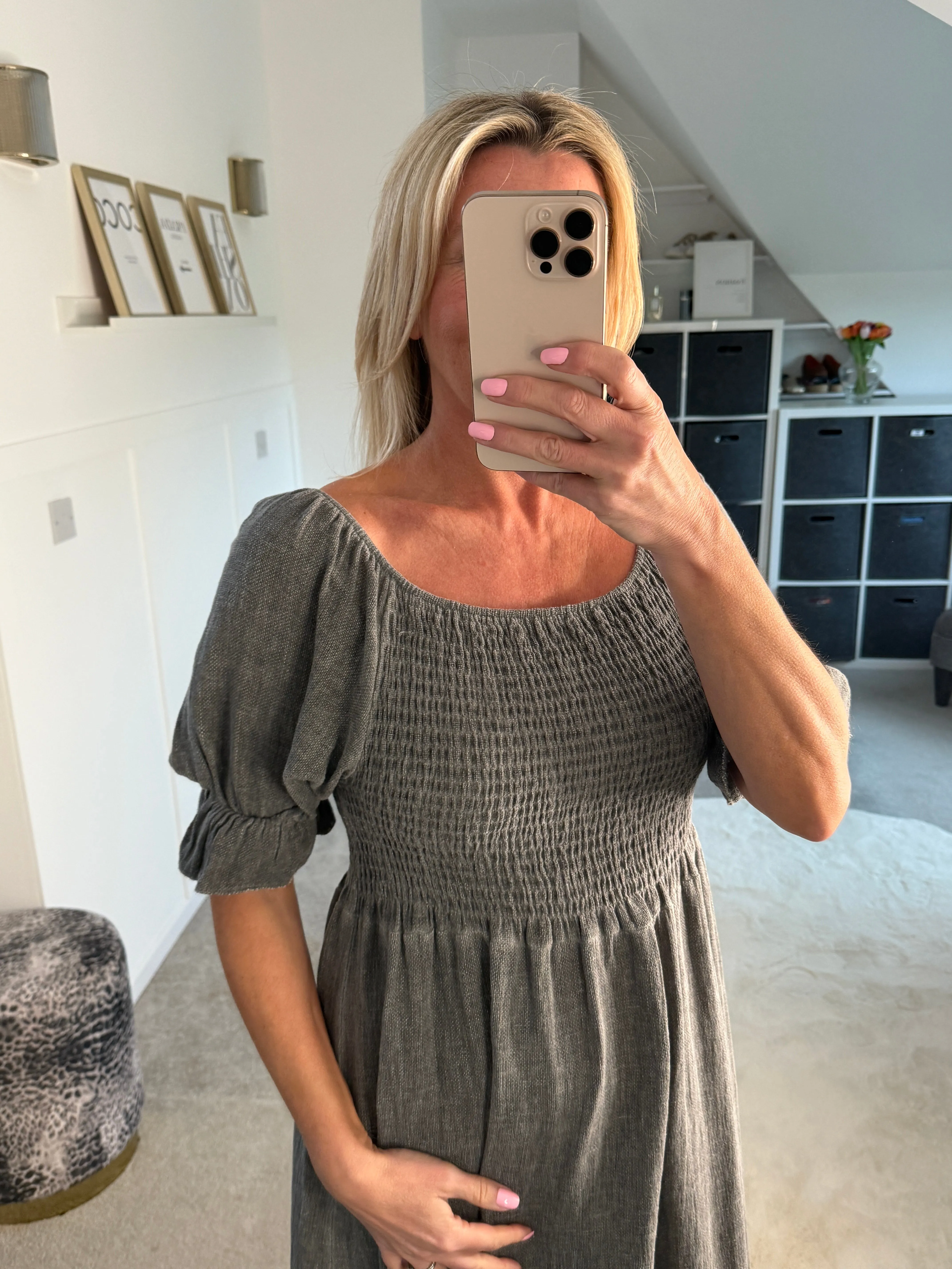 Dark Grey Washed Linen Shirred Midi Dress