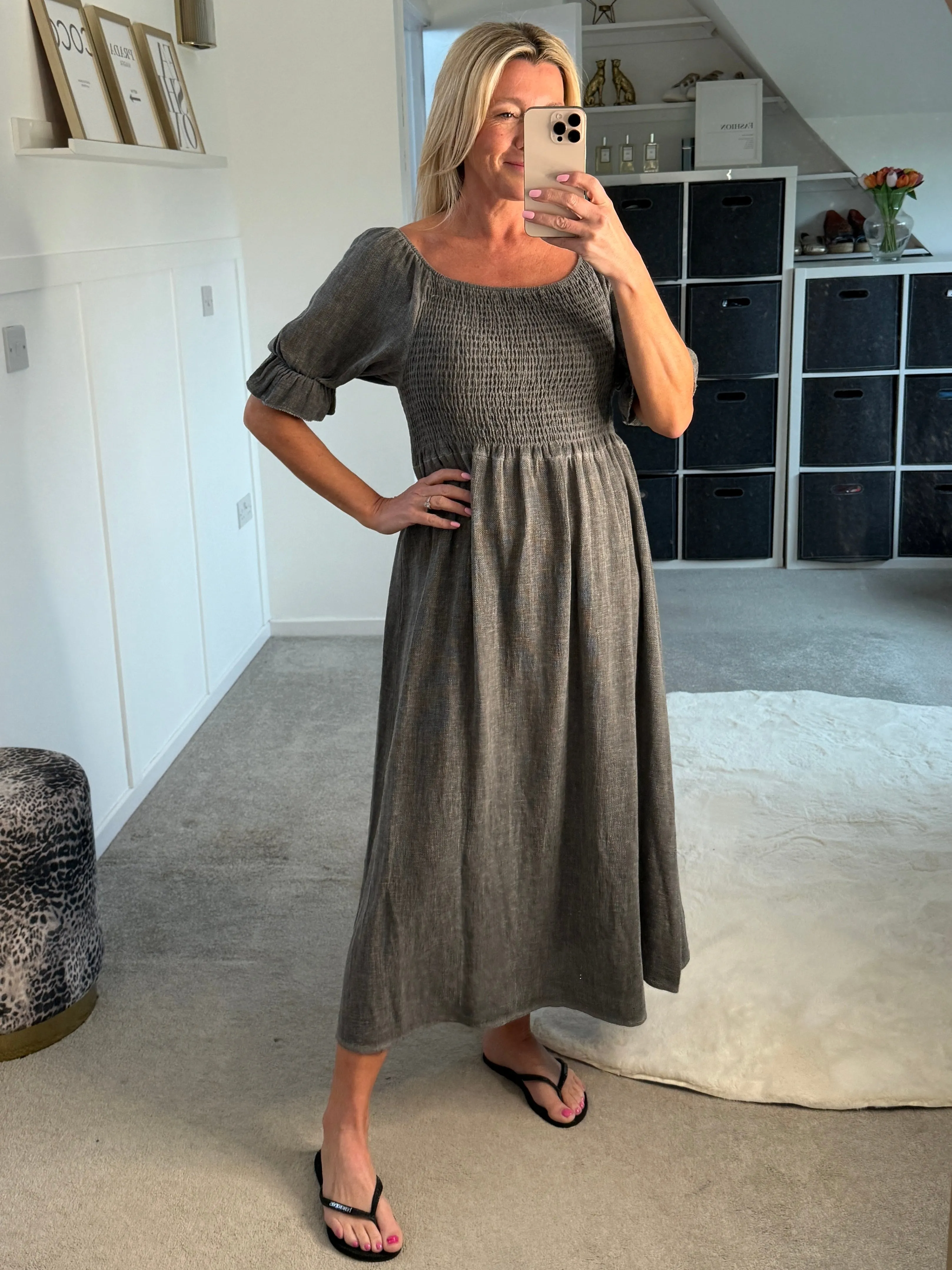 Dark Grey Washed Linen Shirred Midi Dress