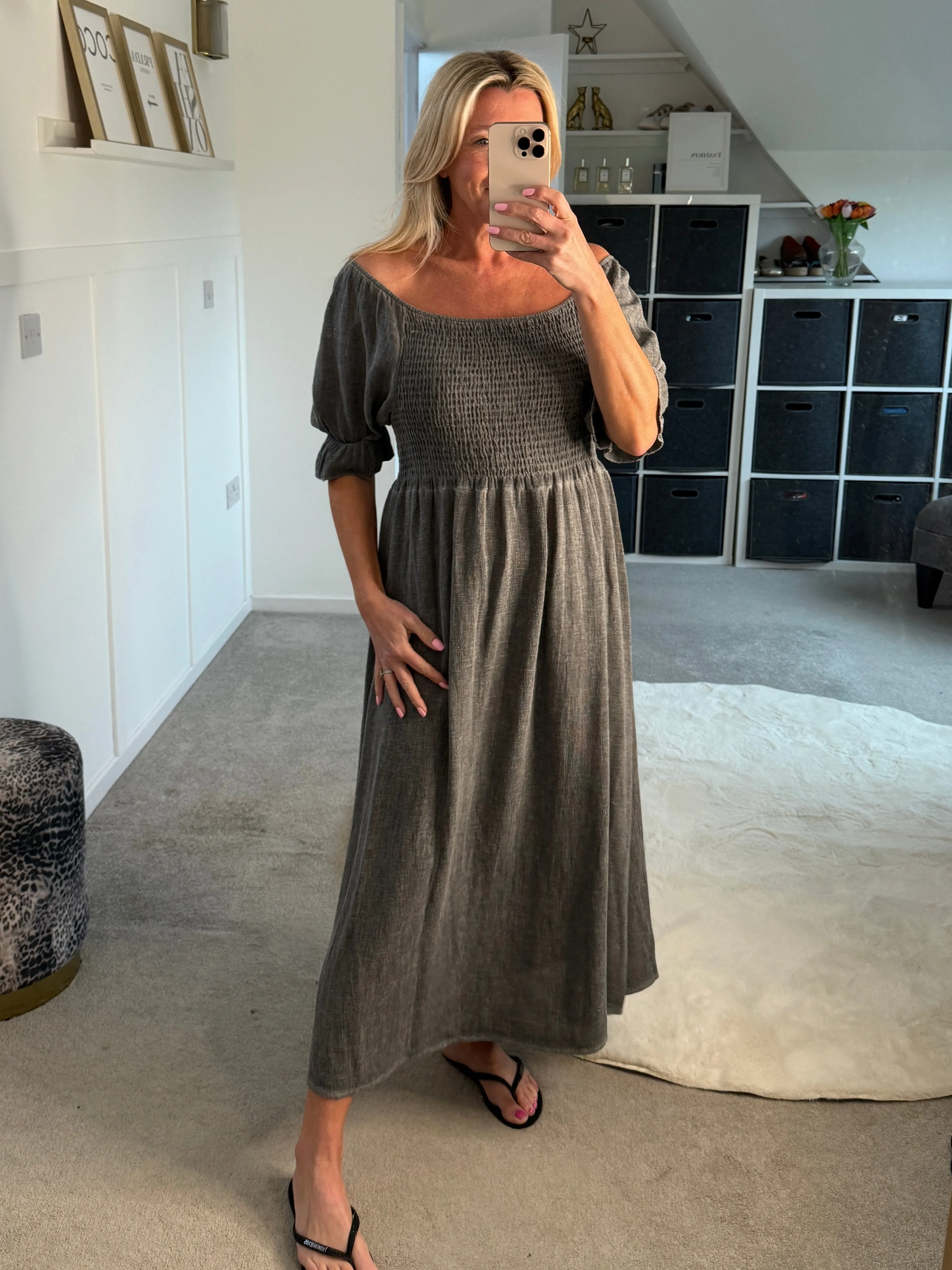 Dark Grey Washed Linen Shirred Midi Dress