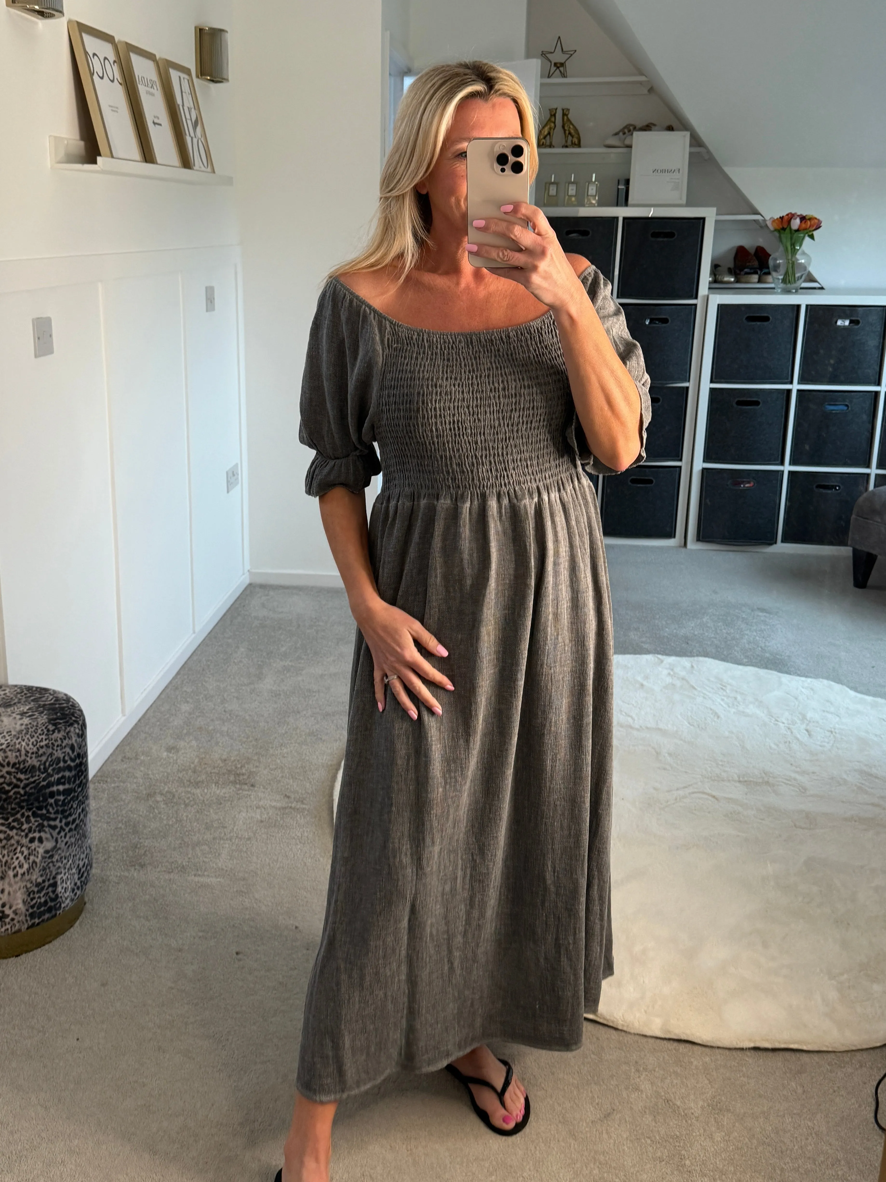 Dark Grey Washed Linen Shirred Midi Dress