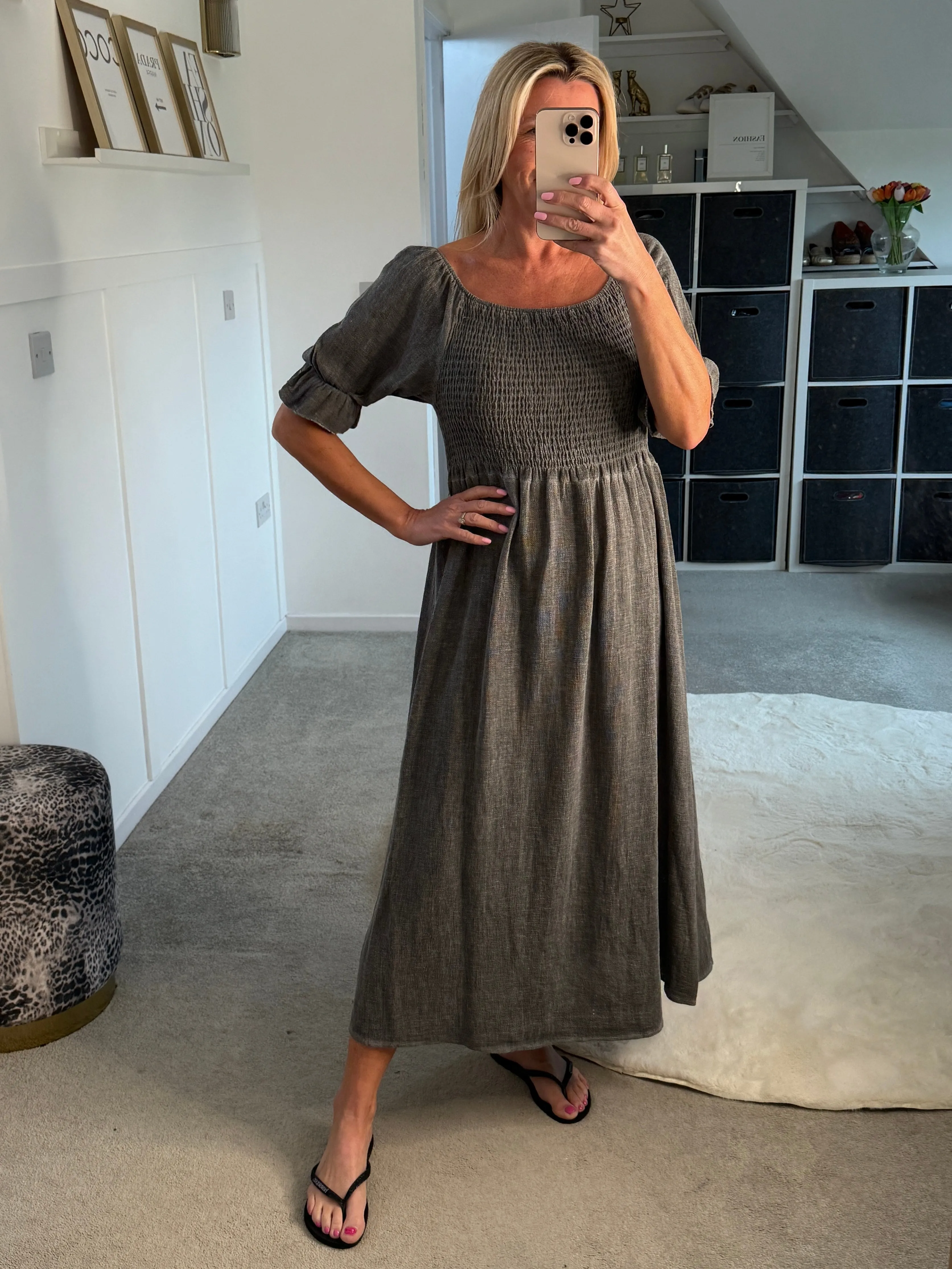 Dark Grey Washed Linen Shirred Midi Dress