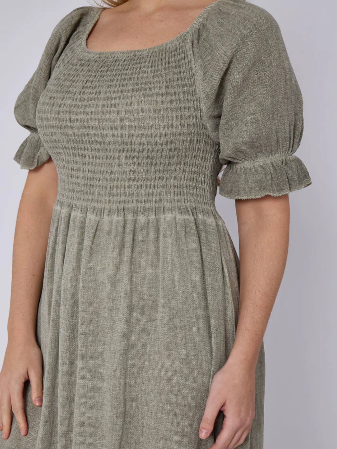 Dark Grey Washed Linen Shirred Midi Dress
