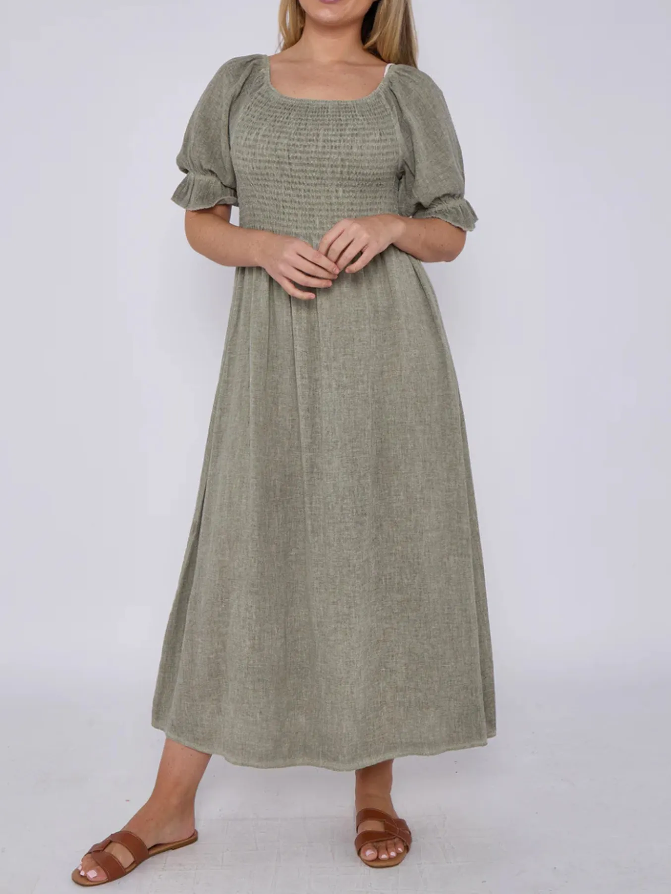 Dark Grey Washed Linen Shirred Midi Dress