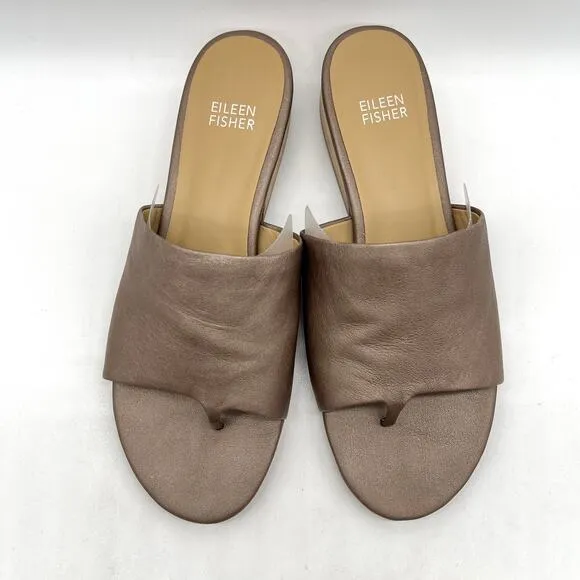 EILEEN FISHER Beal Wide Band Slide Sandal Womens 7.5 Metallic Taupe Leather Heel