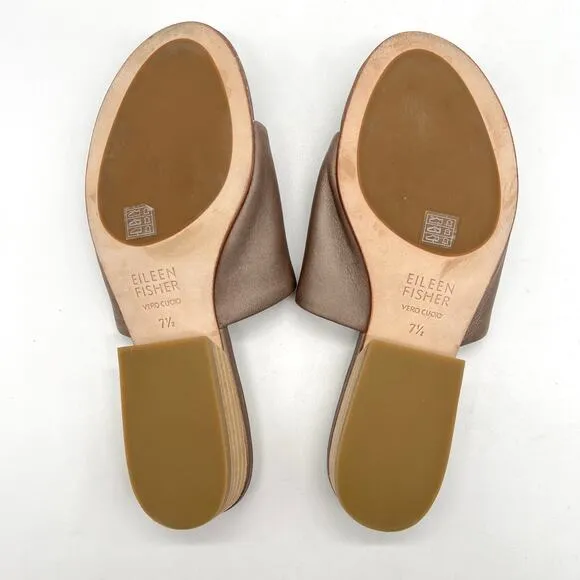 EILEEN FISHER Beal Wide Band Slide Sandal Womens 7.5 Metallic Taupe Leather Heel
