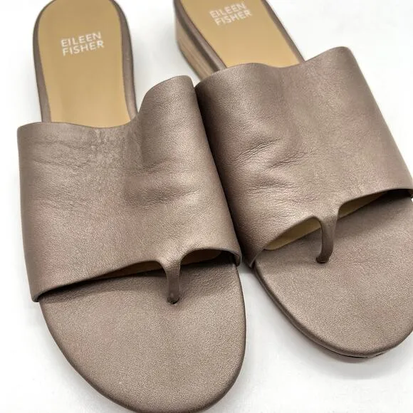 EILEEN FISHER Beal Wide Band Slide Sandal Womens 7.5 Metallic Taupe Leather Heel