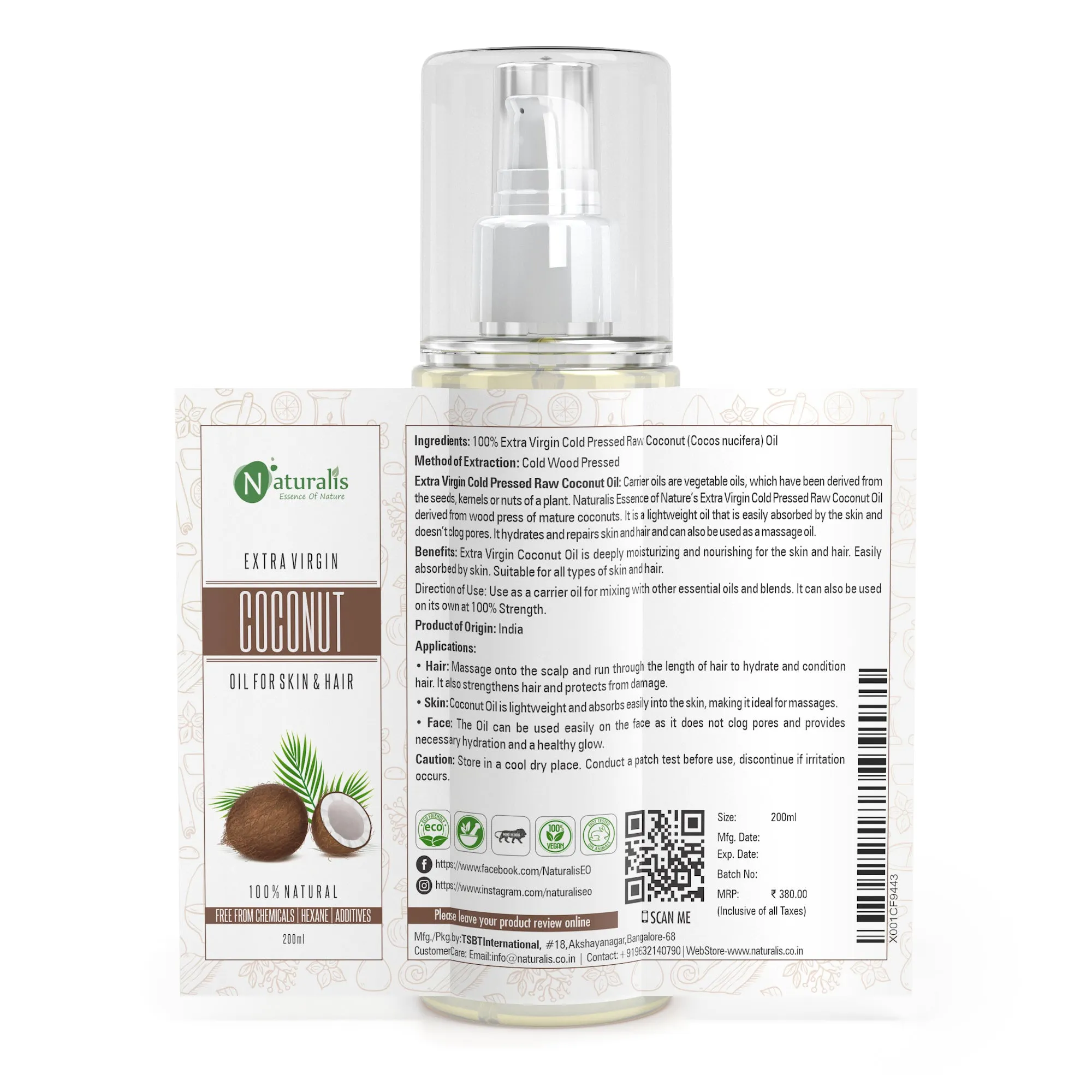 Extra Virgin Cold Pressed Raw Coconut Carrier Oil Natural Skin Moisturizer, for Hair, Skin and Face