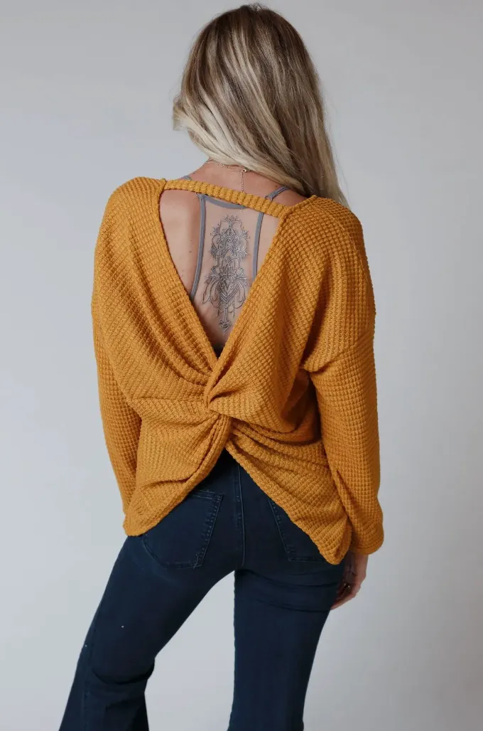 Flattering Open Back Thermal Knit Top- Mustard: Three Bird Nest