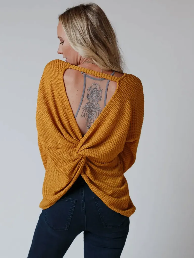 Flattering Open Back Thermal Knit Top- Mustard: Three Bird Nest