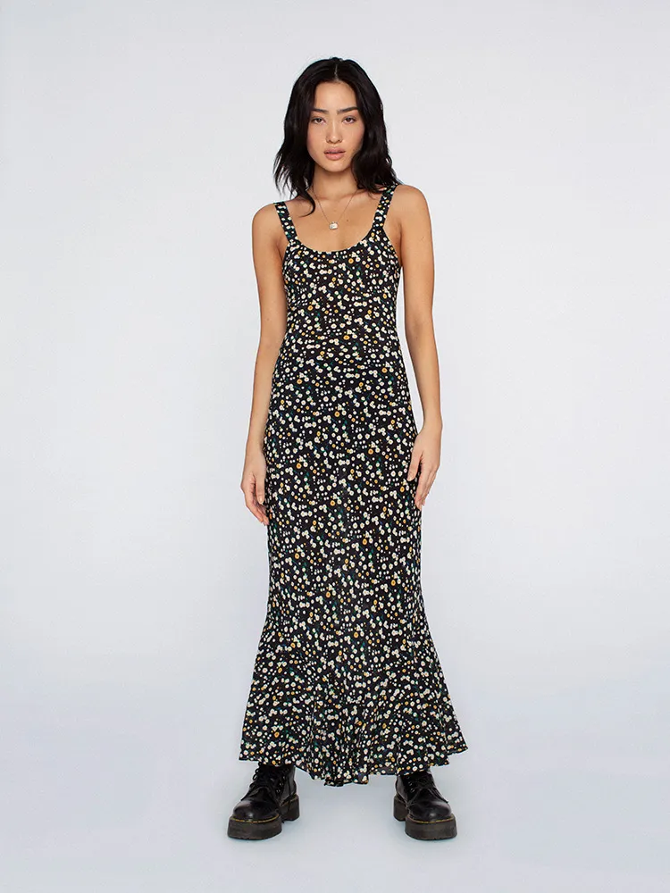 Floral Printed Chiffon Sleeveless Dress with Flowy Skirt