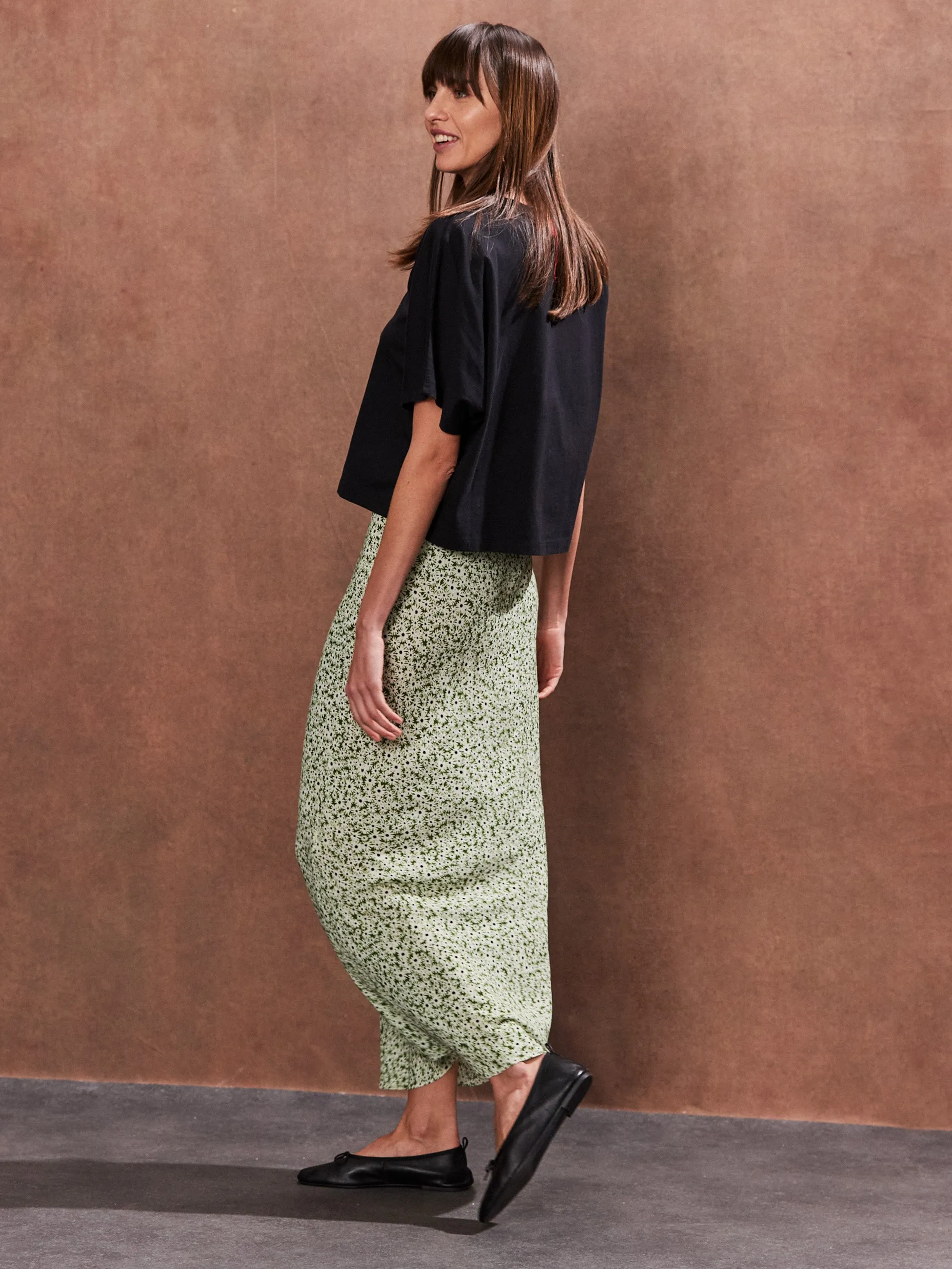 Green Ditsy Bias Cut Maxi Skirt