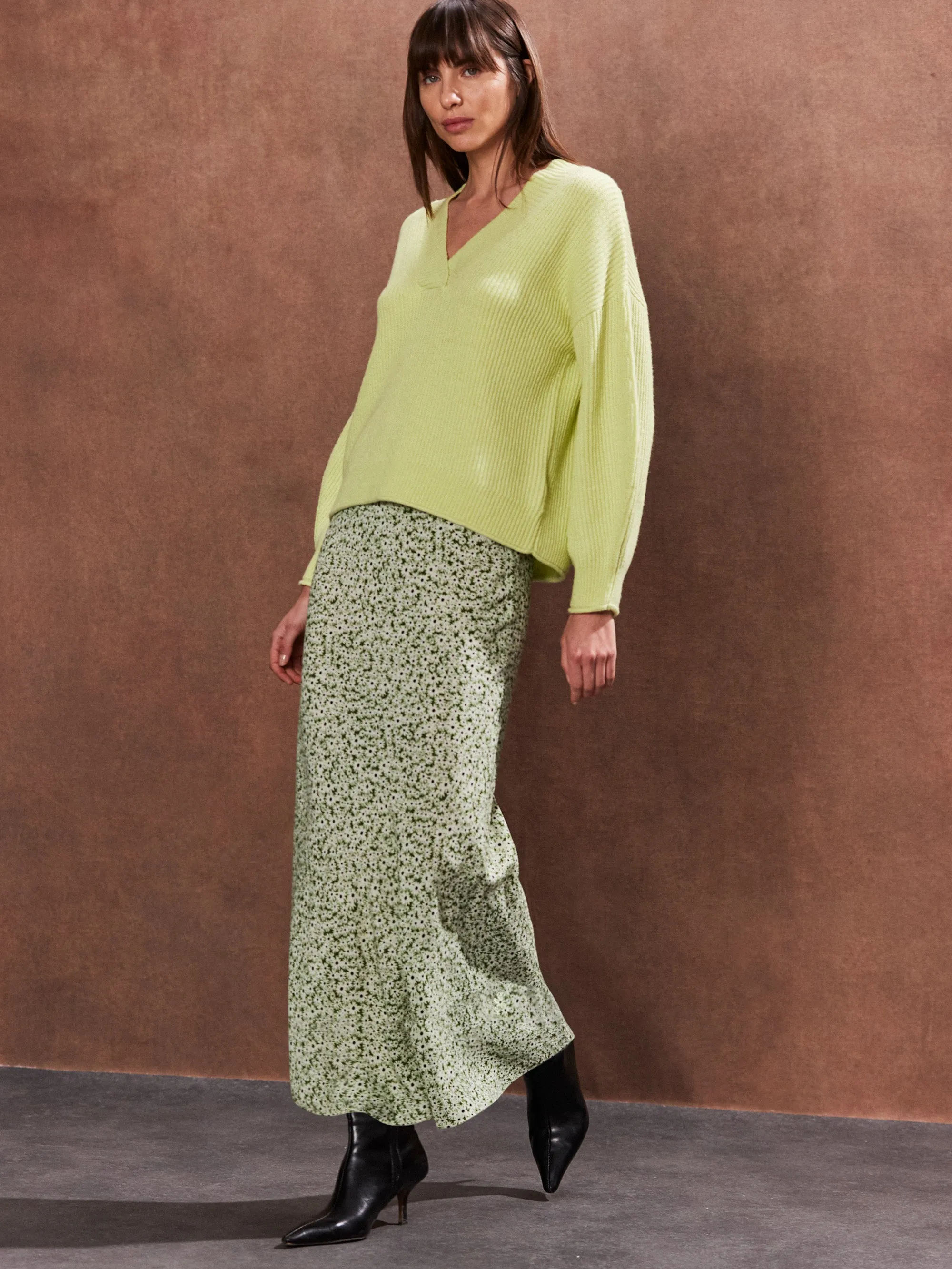 Green Ditsy Bias Cut Maxi Skirt