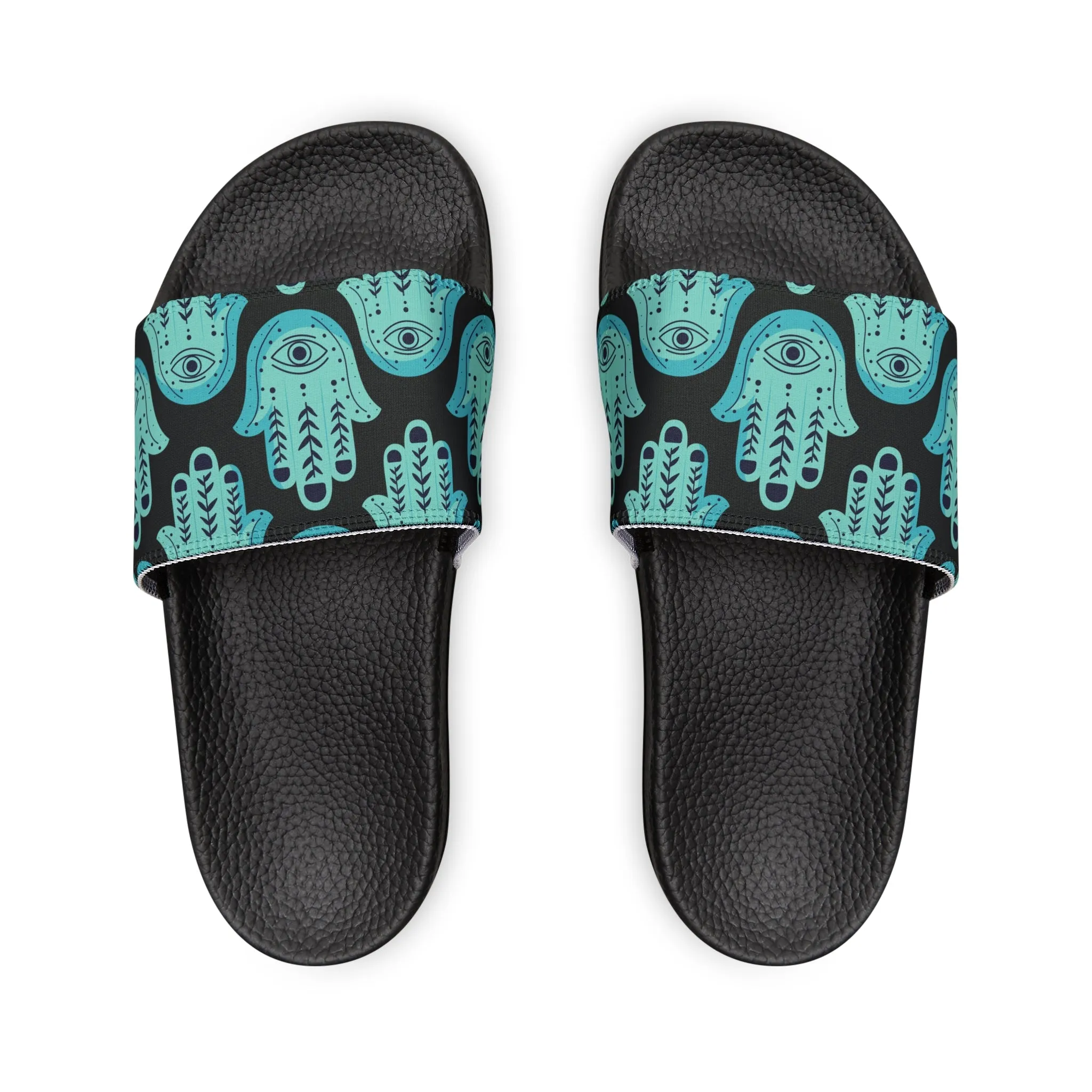 Hannah Bright Turquoise Hamsa Pattern on Black Youth PU Slide Sandals