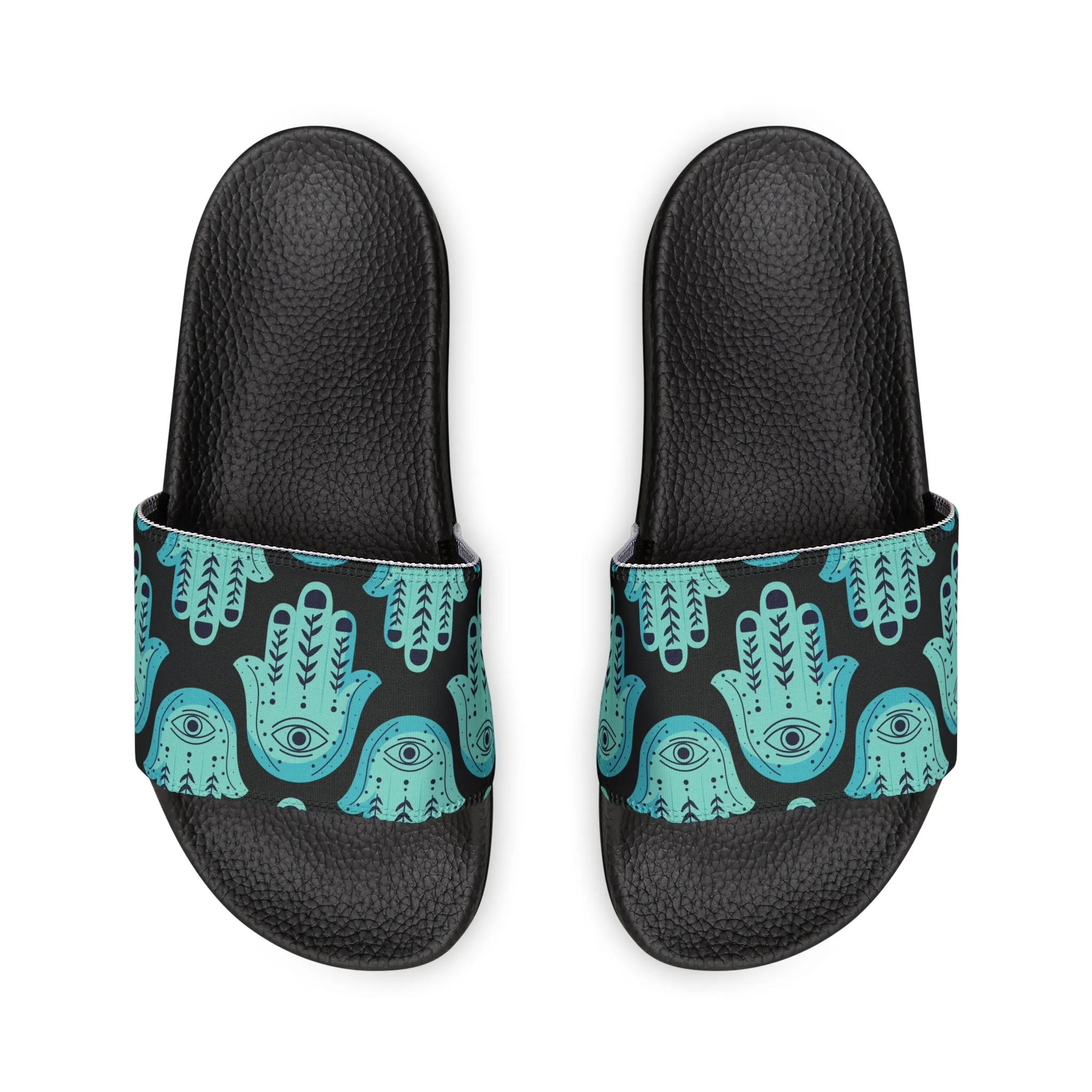 Hannah Bright Turquoise Hamsa Pattern on Black Youth PU Slide Sandals