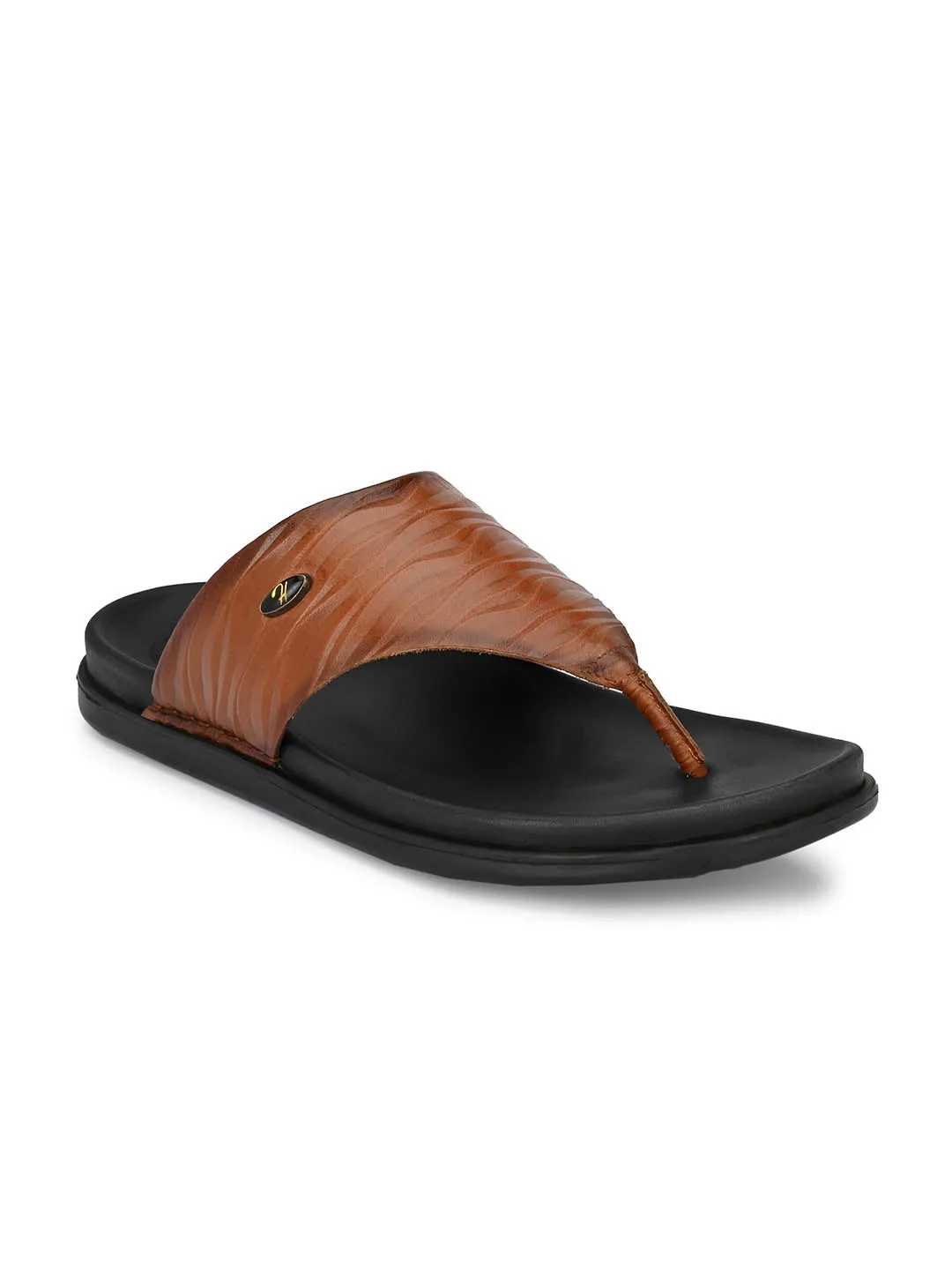 Hitz Men's Tan Leather Open Toe Indoor Outdoor Slippers