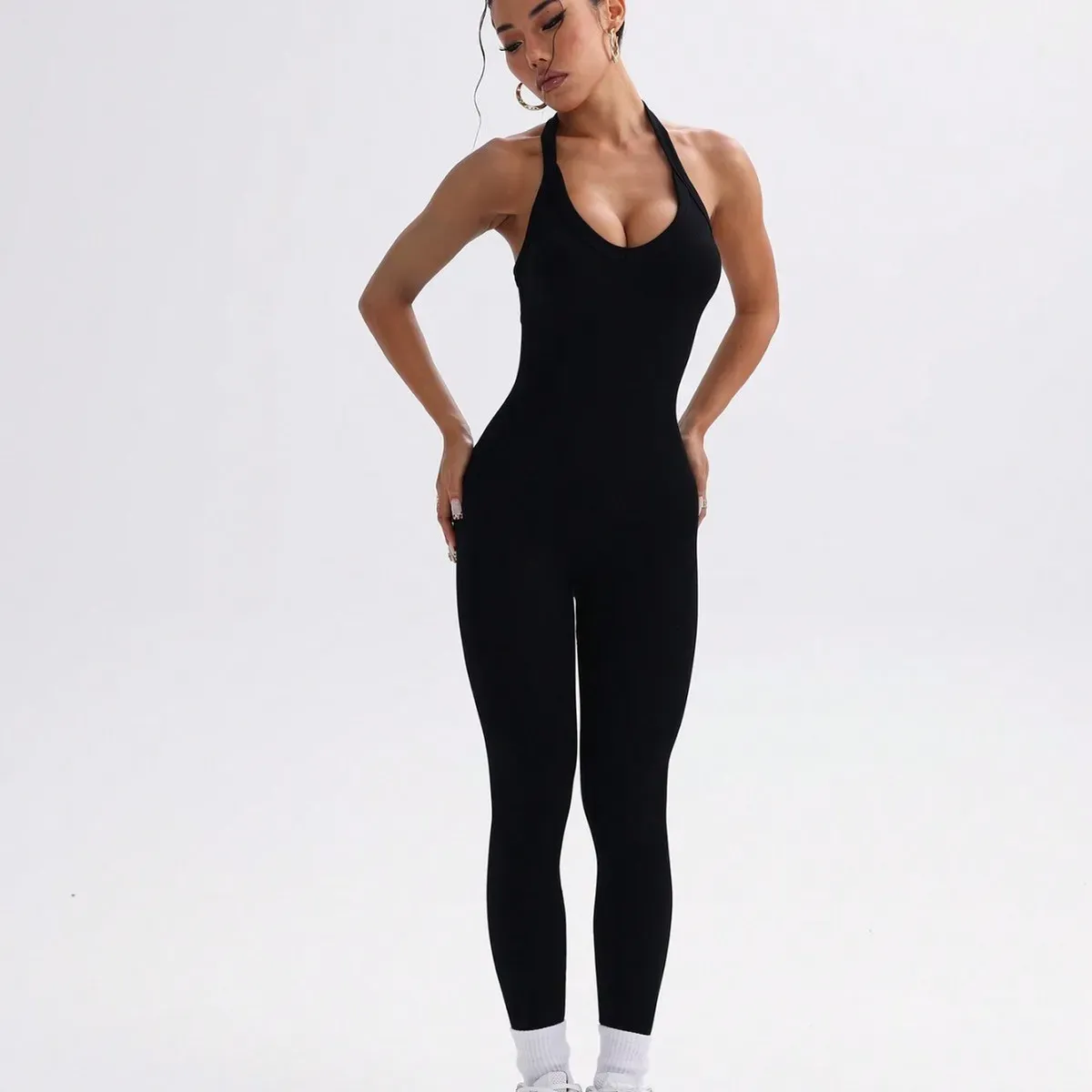 Jenna Sleeveless Ribbed Halter Open Back Jumpsuit
