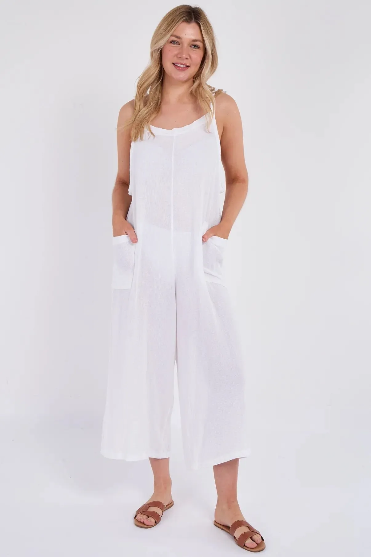 Khaki Washed Linen Adjustable Strap Jumpsuit