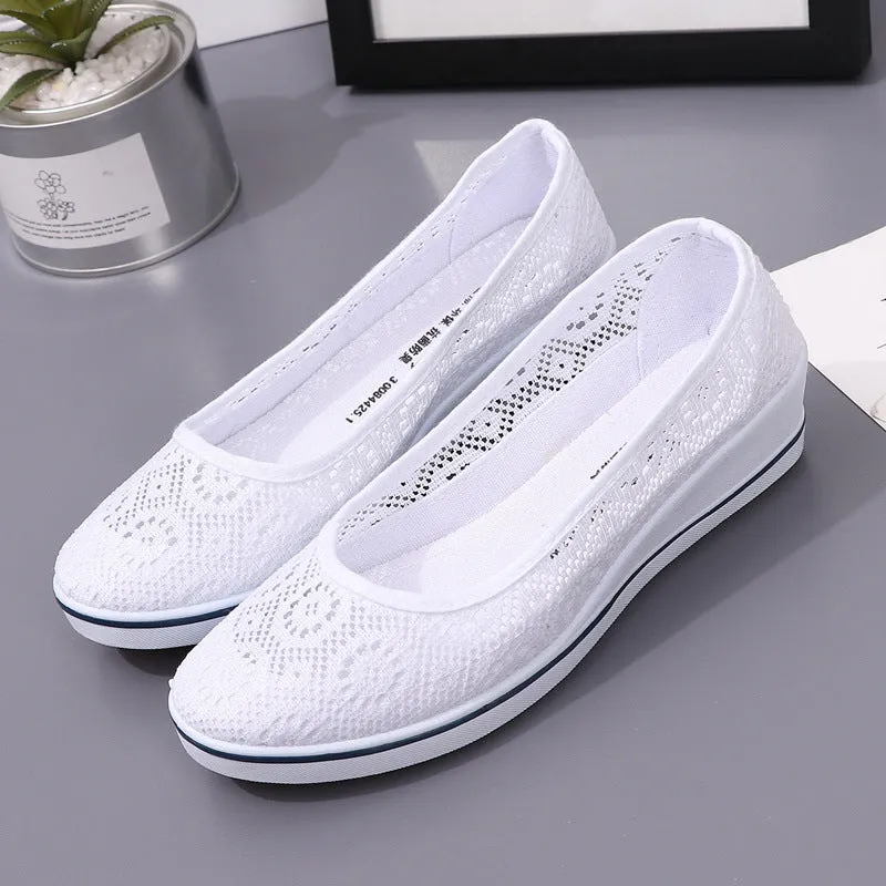 Lace Hollow Breathable Little White Shoes - Flat Mid Wedge Heel Women's Summer Beauty Sneakers