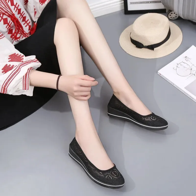 Lace Hollow Breathable Little White Shoes - Flat Mid Wedge Heel Women's Summer Beauty Sneakers