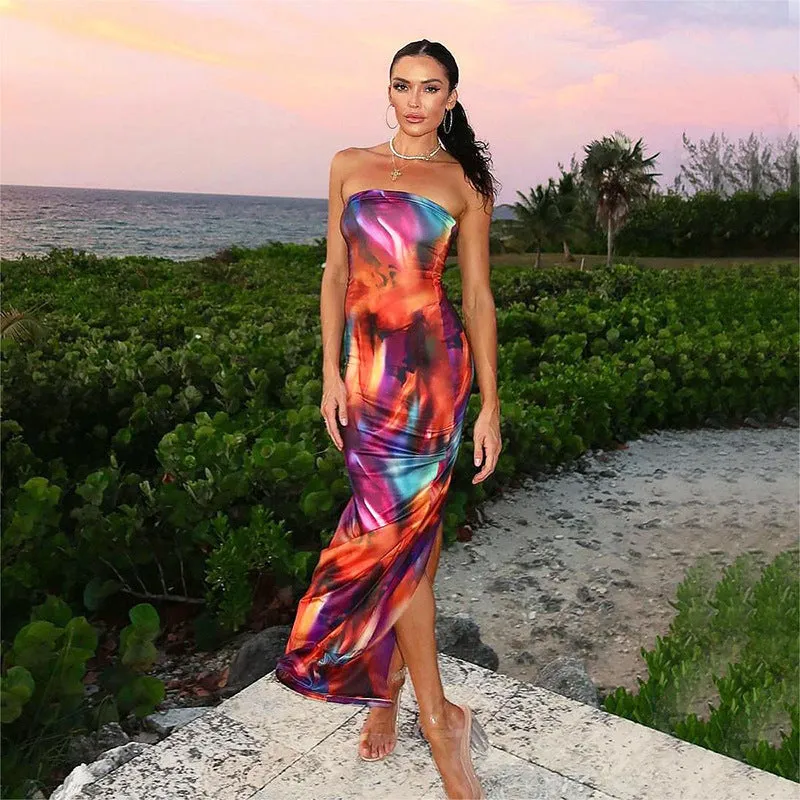 Lacy - Color Blooming Printed Woman's Tube Top Long Dress