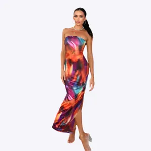 Lacy - Color Blooming Printed Woman's Tube Top Long Dress