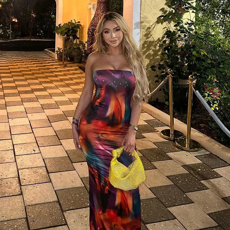 Lacy - Color Blooming Printed Woman's Tube Top Long Dress