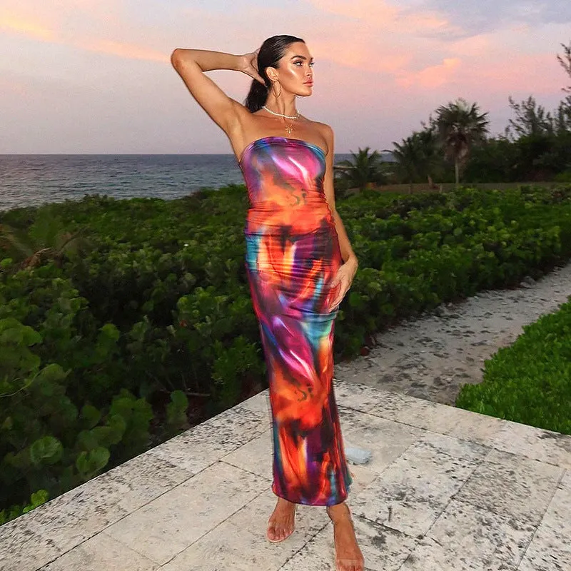Lacy - Color Blooming Printed Woman's Tube Top Long Dress