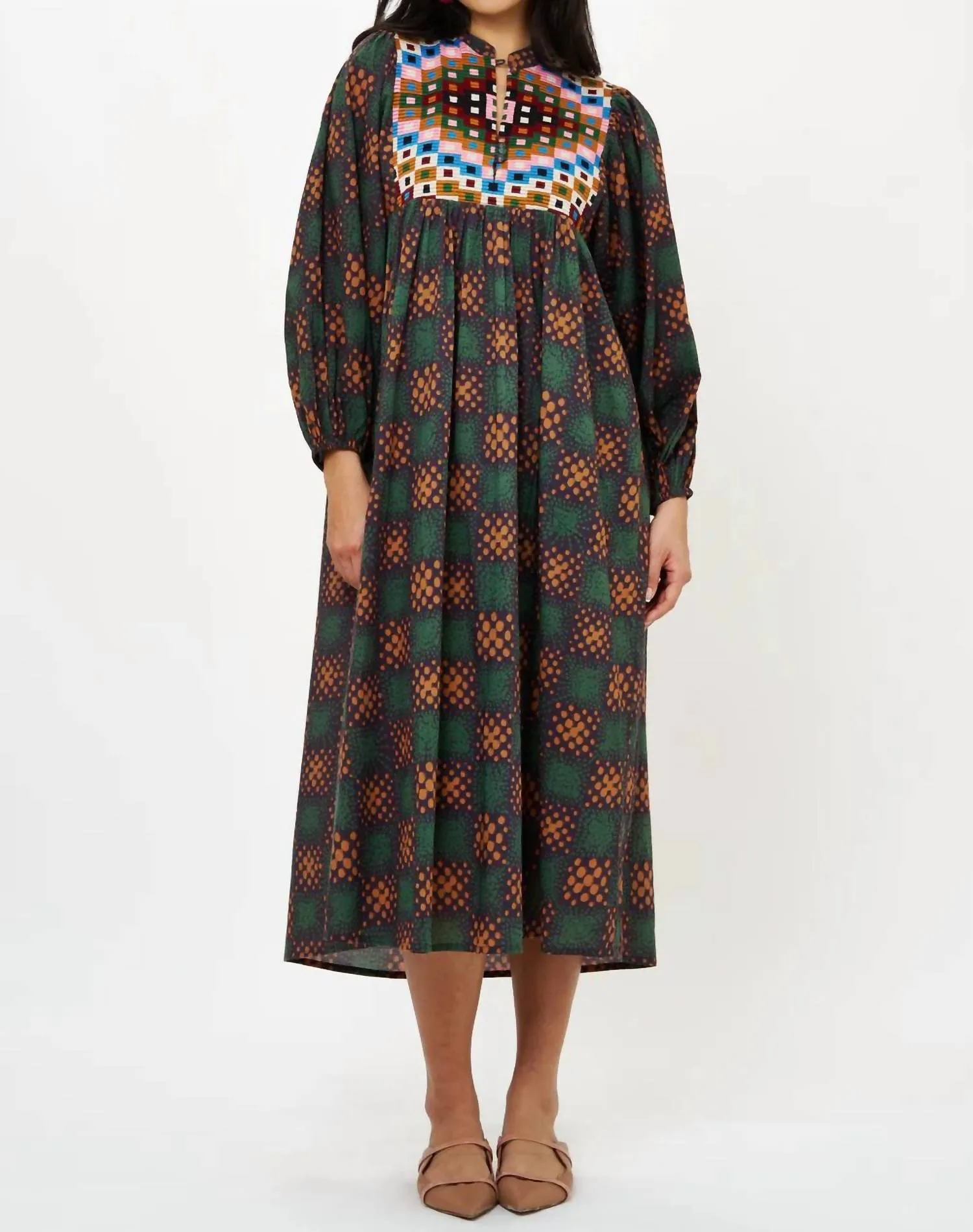 Mandarin Balloon Sleeve Midi Dress In Matrix Forest