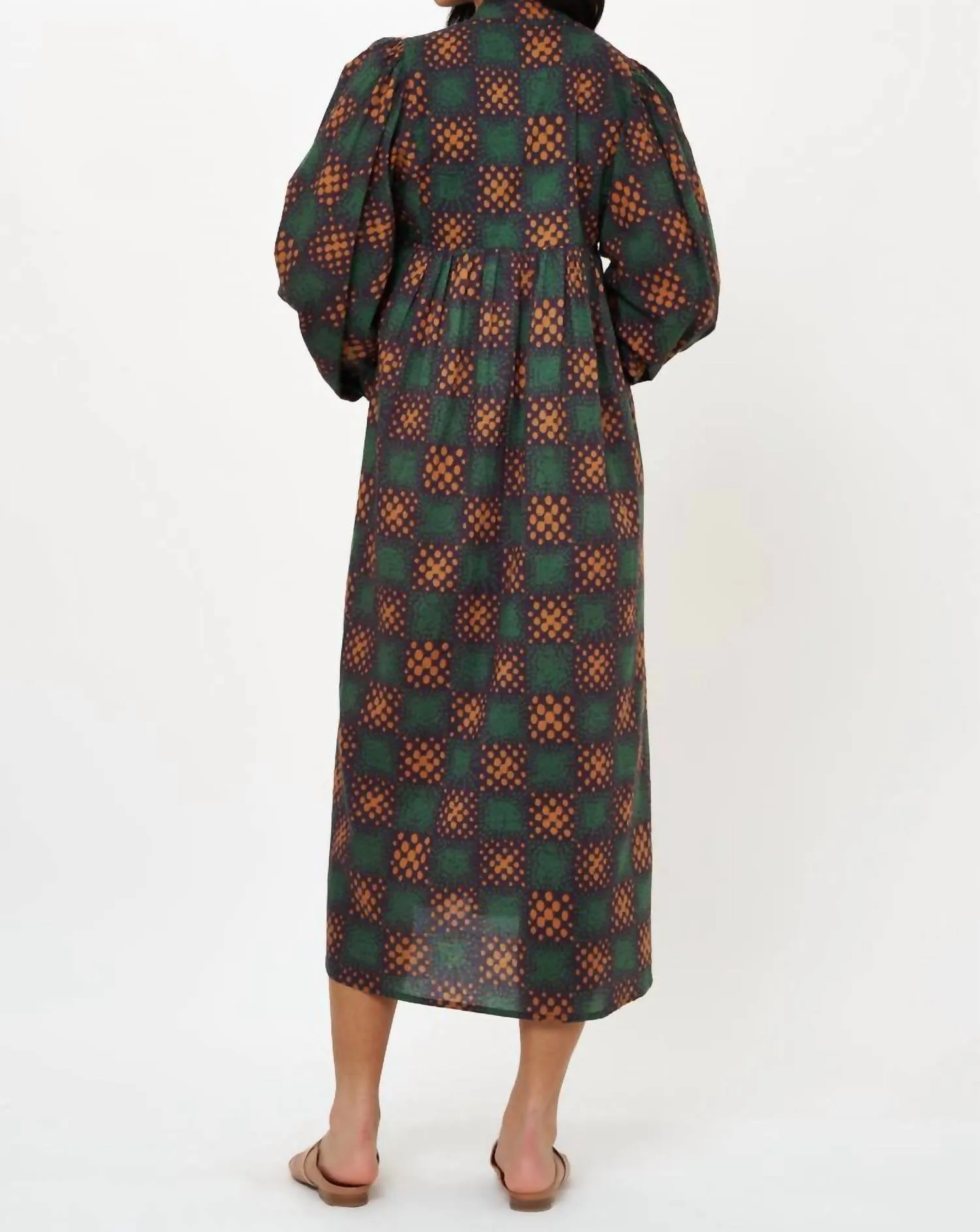 Mandarin Balloon Sleeve Midi Dress In Matrix Forest
