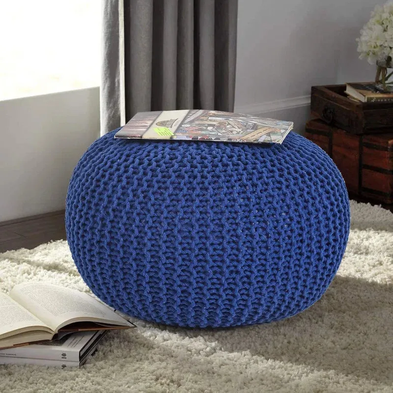 New Adeco Round Pouf Foot Stool Ottoman Hand Knitted Cotton Braid Cord! Blue! Retails $243 