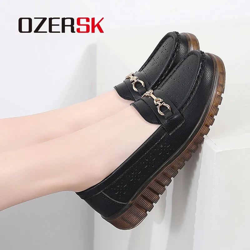 OZERSK Summer Women's Loafers Hollow Breathable Slip on Elegant Fashion Casual Non-Slip Single Mother Flat Shoes
