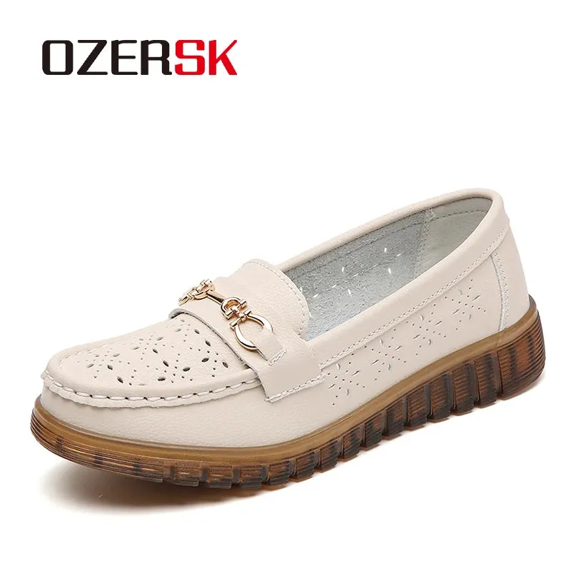 OZERSK Summer Women's Loafers Hollow Breathable Slip on Elegant Fashion Casual Non-Slip Single Mother Flat Shoes