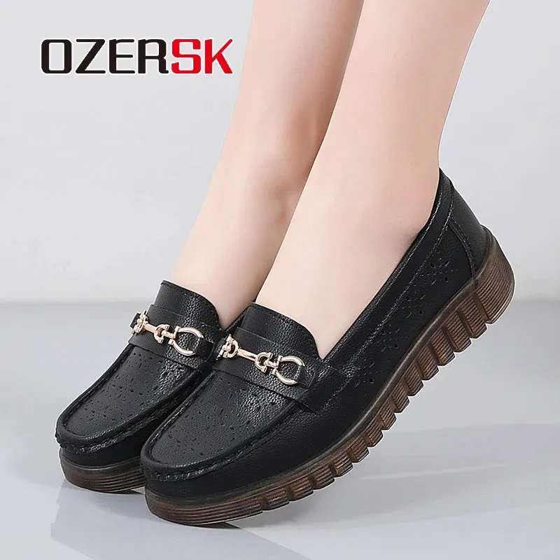 OZERSK Summer Women's Loafers Hollow Breathable Slip on Elegant Fashion Casual Non-Slip Single Mother Flat Shoes