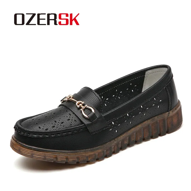 OZERSK Summer Women's Loafers Hollow Breathable Slip on Elegant Fashion Casual Non-Slip Single Mother Flat Shoes