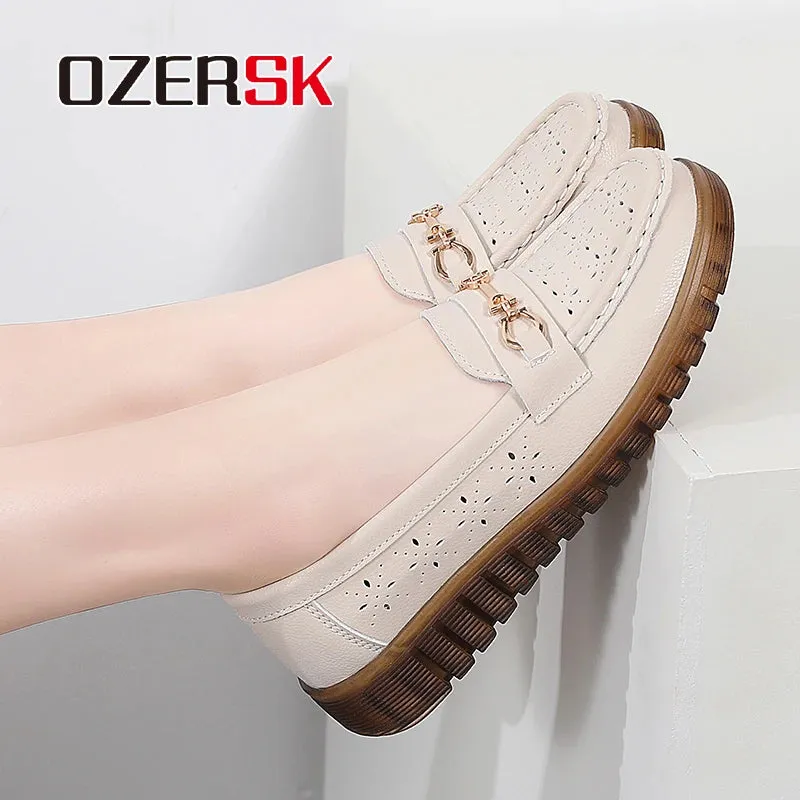OZERSK Summer Women's Loafers Hollow Breathable Slip on Elegant Fashion Casual Non-Slip Single Mother Flat Shoes