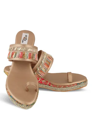Pastel Brocade Border Low Wedge Champagne