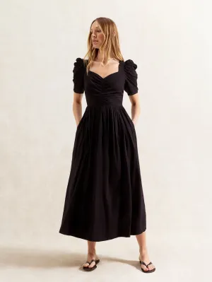 Petite Black Cotton Sweetheart Neck Midi Dress