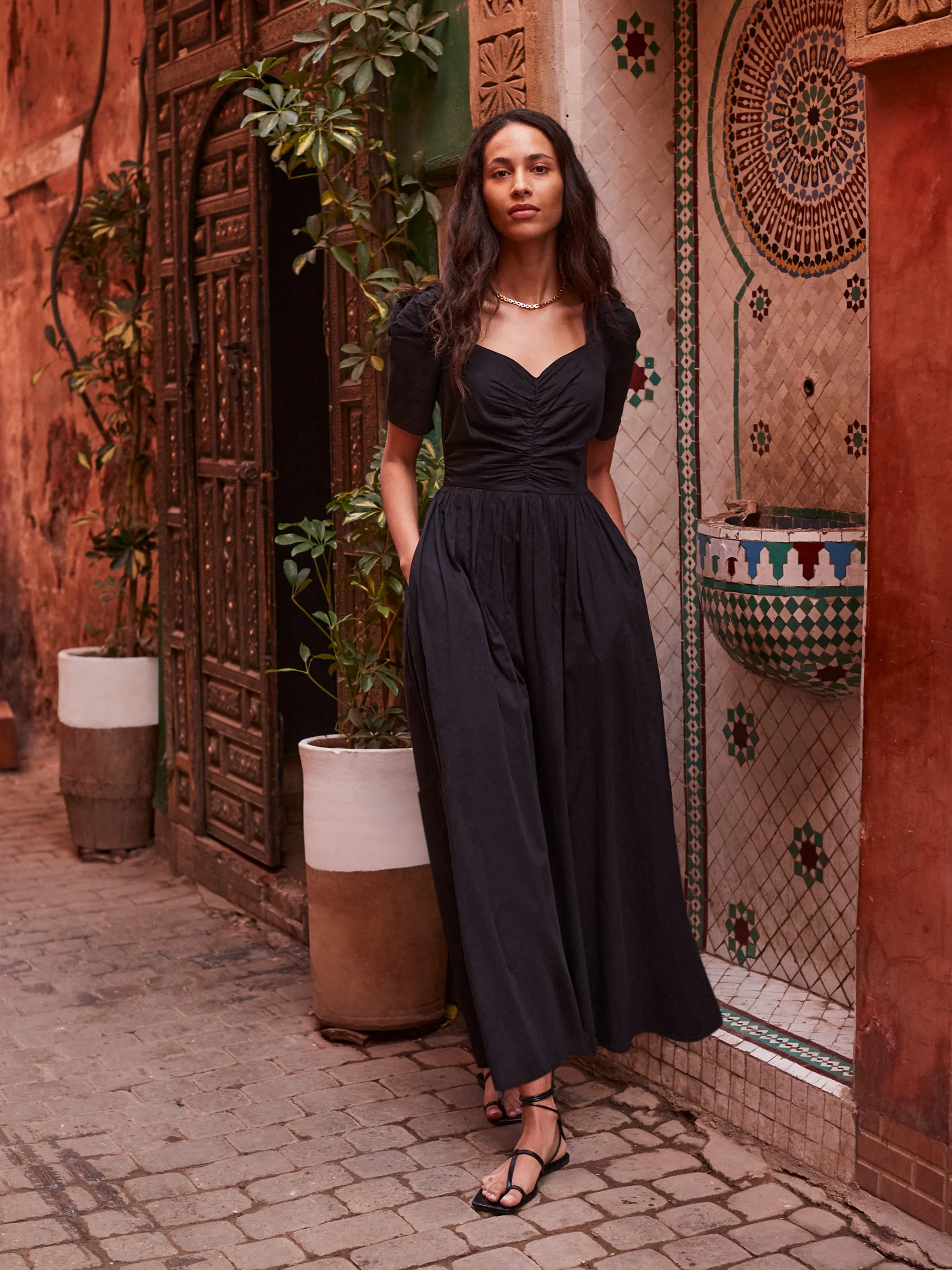 Petite Black Cotton Sweetheart Neck Midi Dress