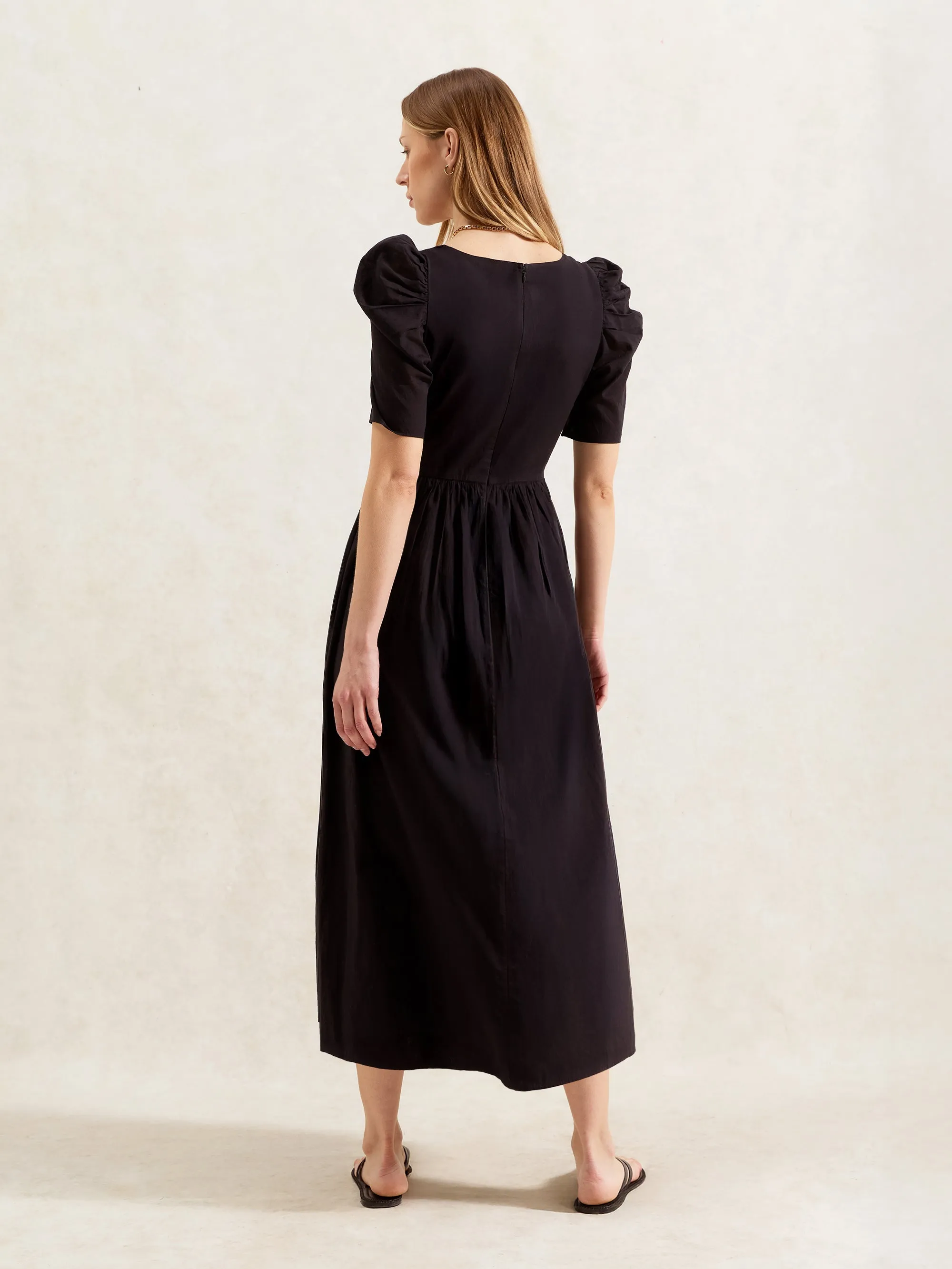Petite Black Cotton Sweetheart Neck Midi Dress